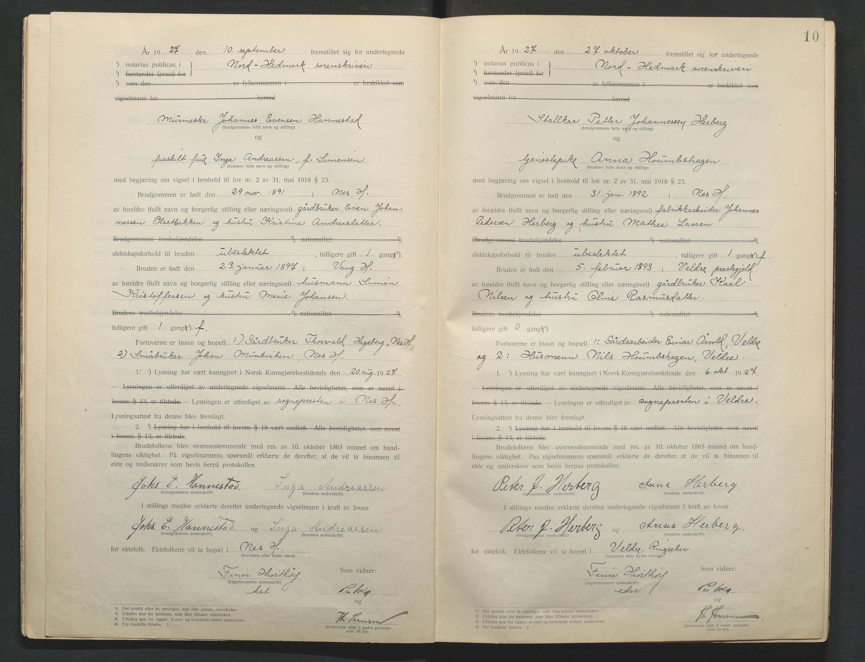 Nord-Hedmark sorenskriveri, AV/SAH-TING-012/L/Lc/L0001/0001: Vigselsprotokoller / Vigselsprotokoll, 1920-1942, p. 10