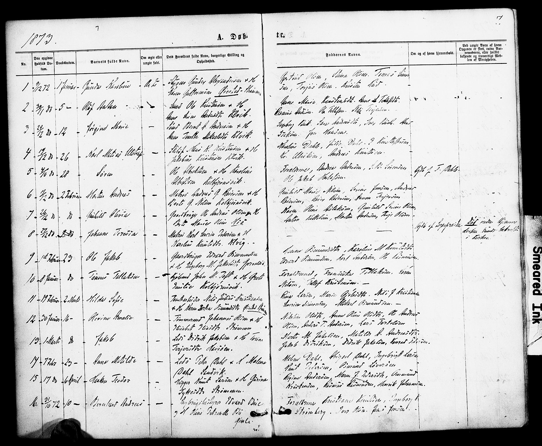Hisøy sokneprestkontor, SAK/1111-0020/F/Fa/L0002: Parish register (official) no. A 2, 1872-1880, p. 7