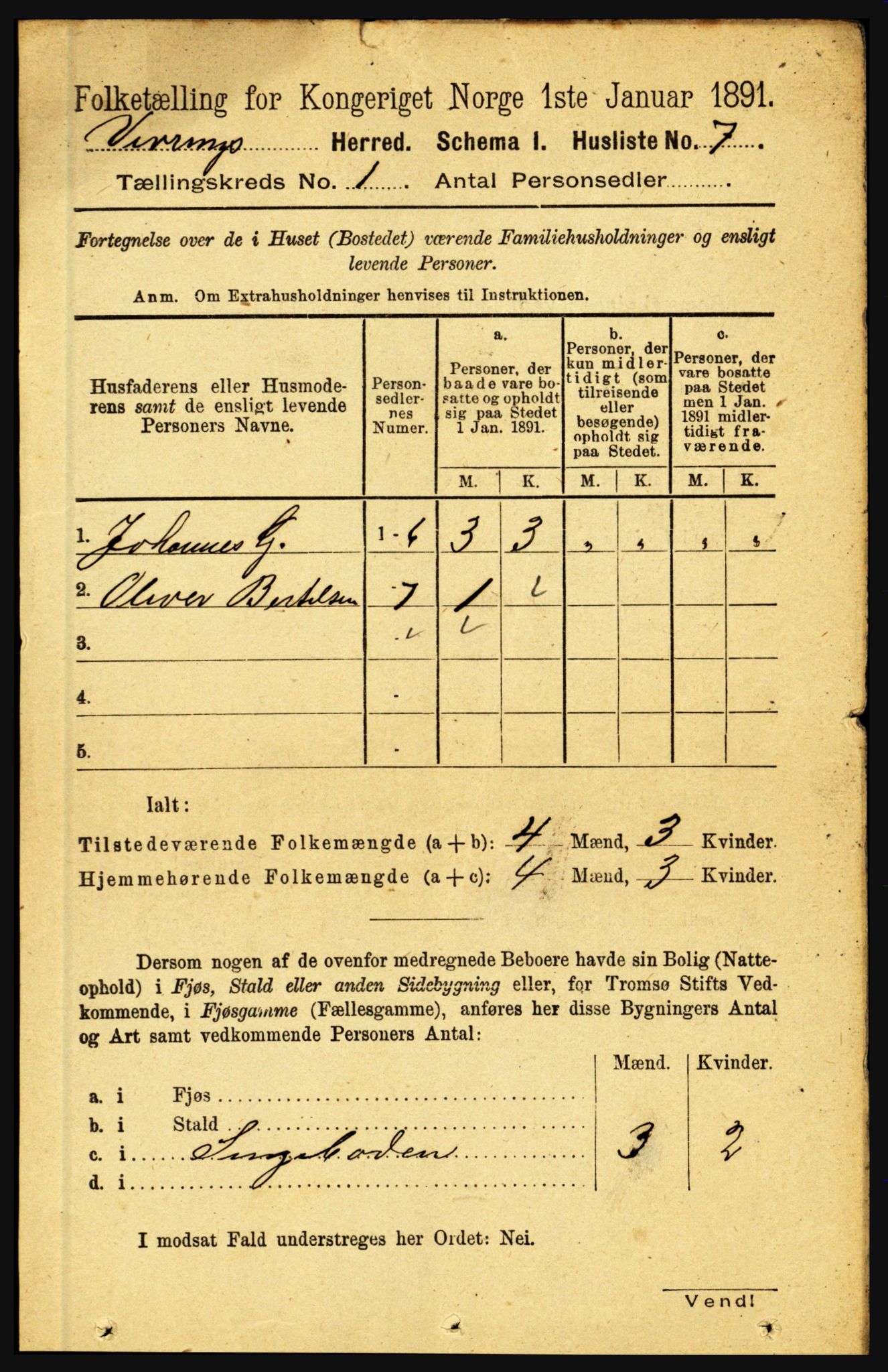 RA, 1891 census for 1434 Vevring, 1891, p. 20