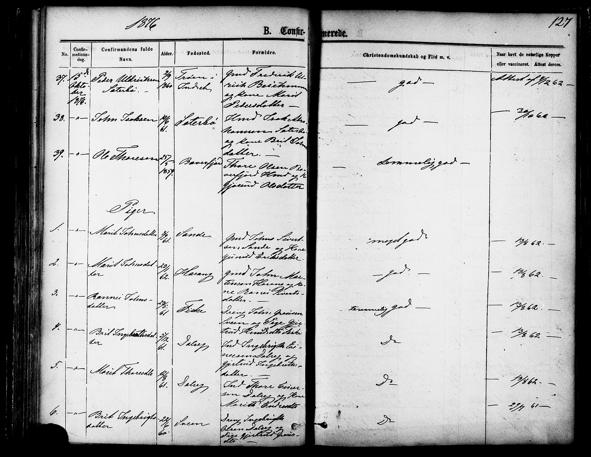 Ministerialprotokoller, klokkerbøker og fødselsregistre - Møre og Romsdal, AV/SAT-A-1454/595/L1046: Parish register (official) no. 595A08, 1874-1884, p. 127