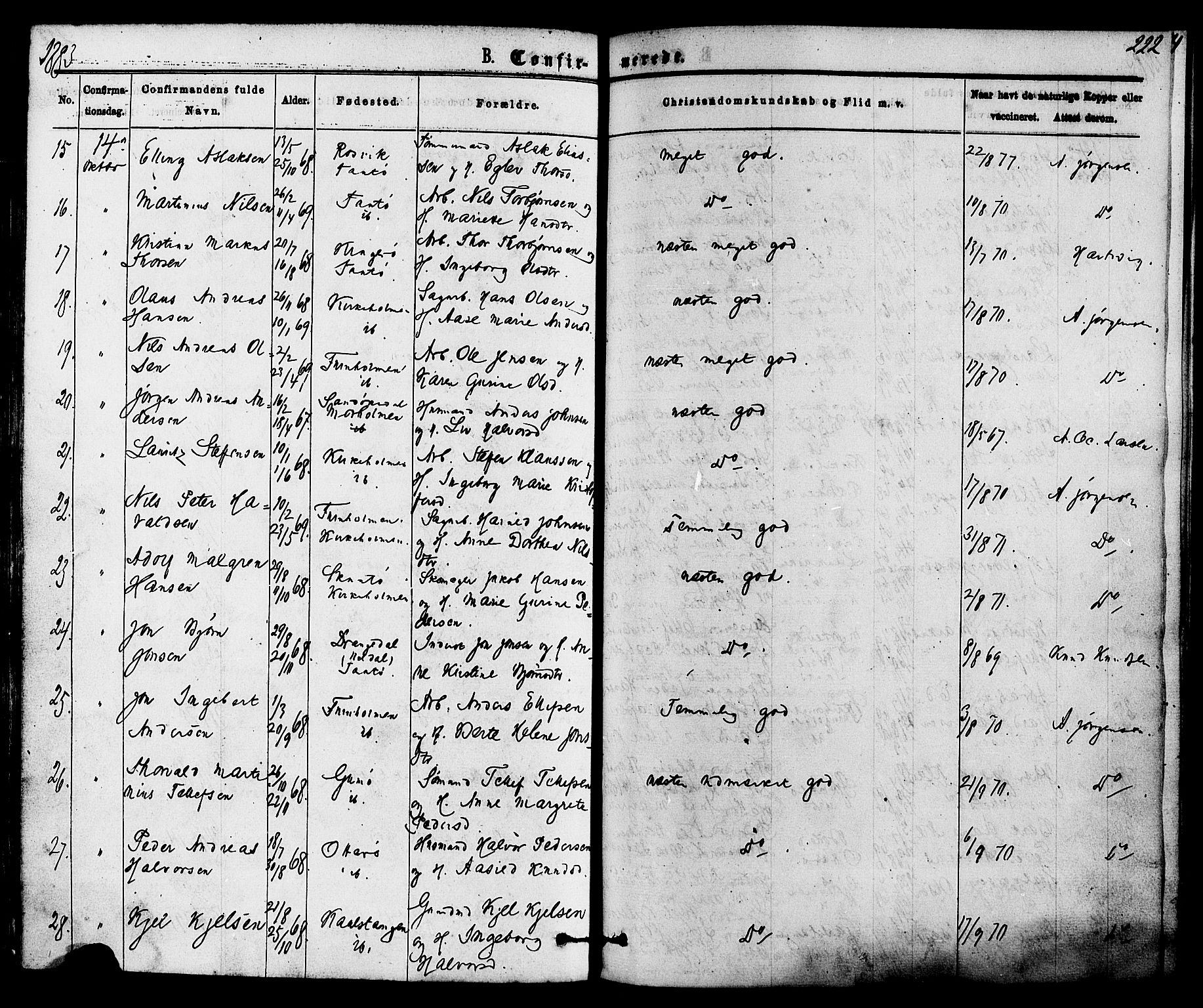 Skåtøy kirkebøker, AV/SAKO-A-304/F/Fa/L0001: Parish register (official) no. I 1, 1874-1883, p. 222