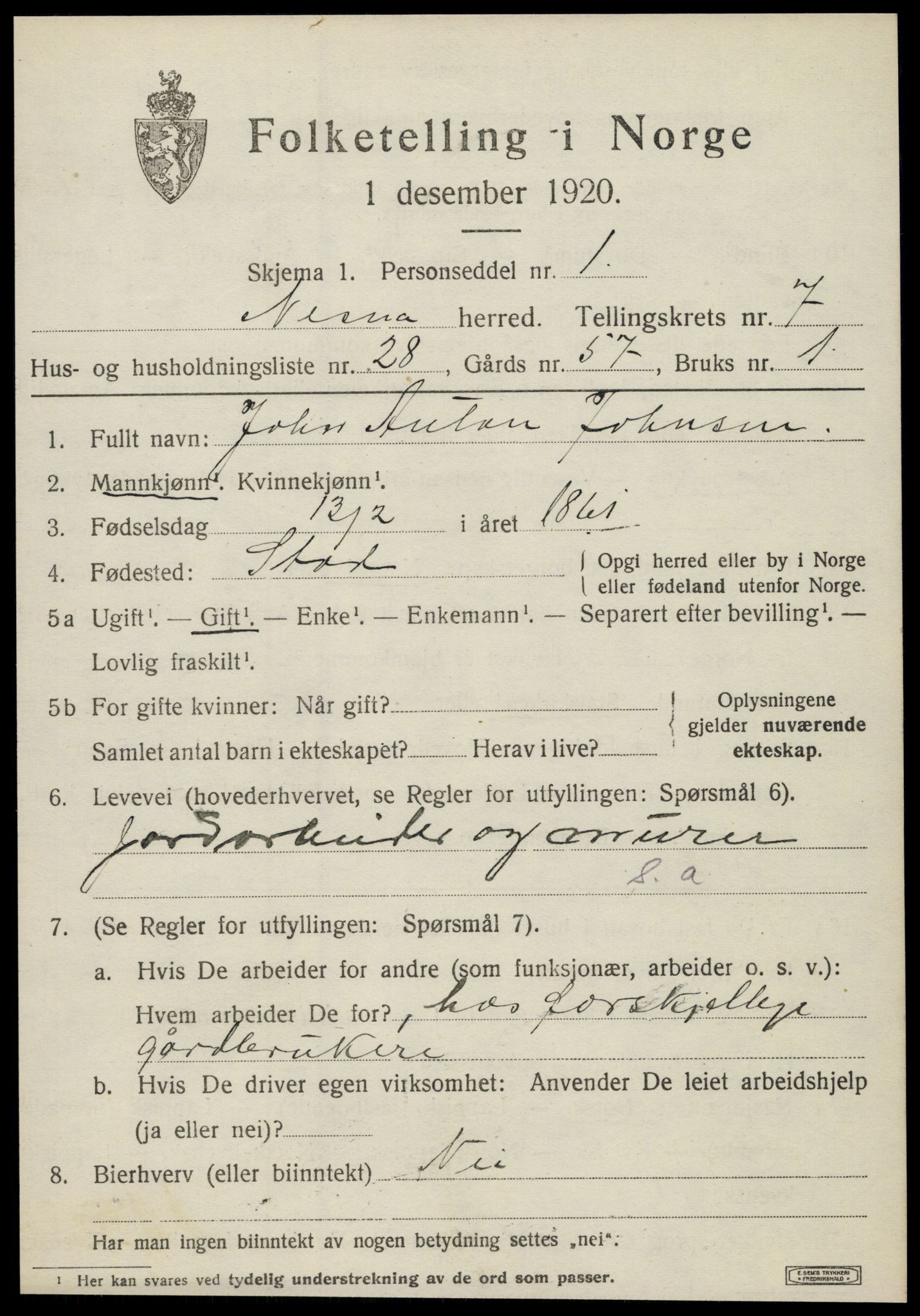 SAT, 1920 census for Nesna, 1920, p. 5733