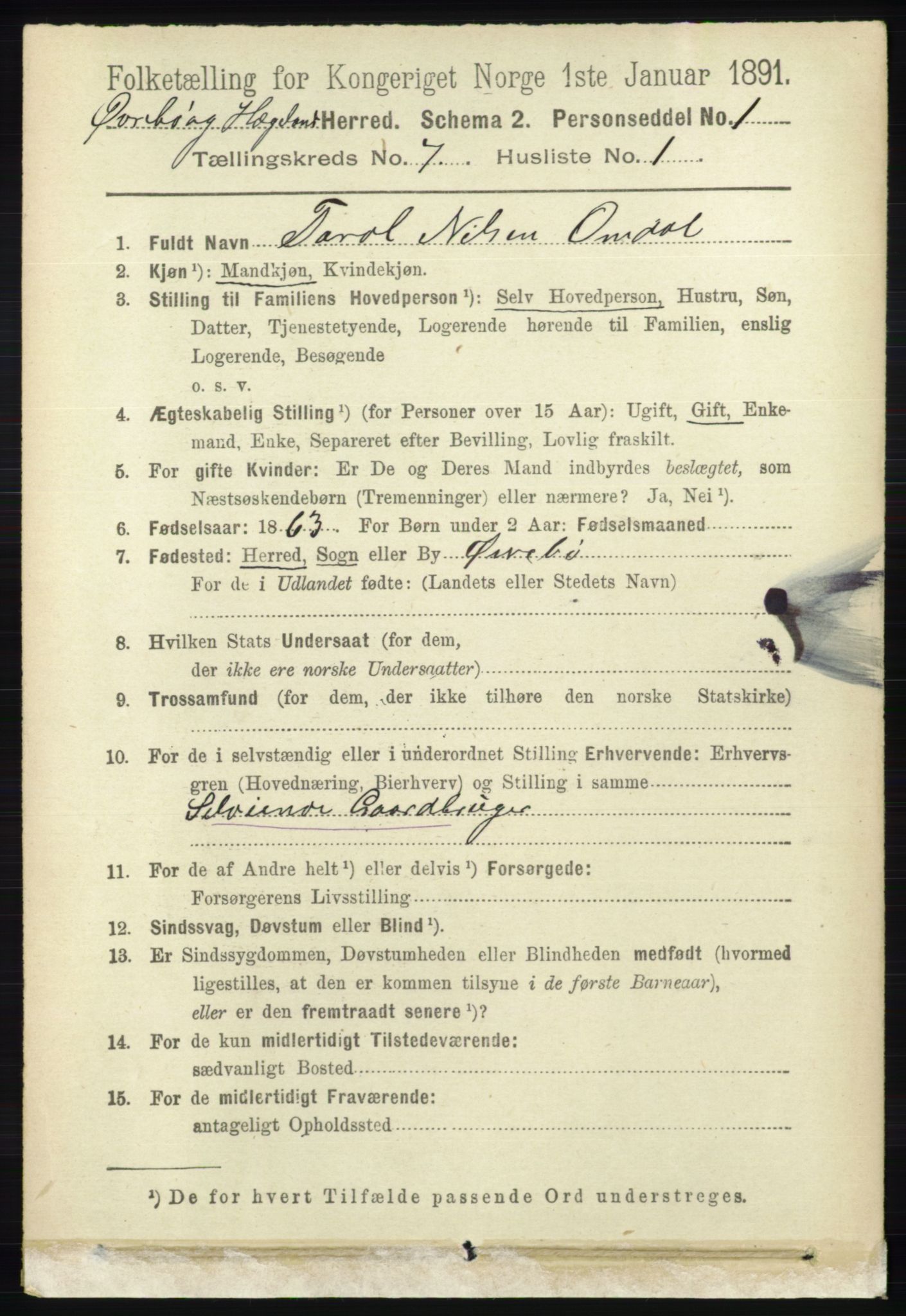 RA, 1891 census for 1016 Øvrebø og Hægeland, 1891, p. 1331