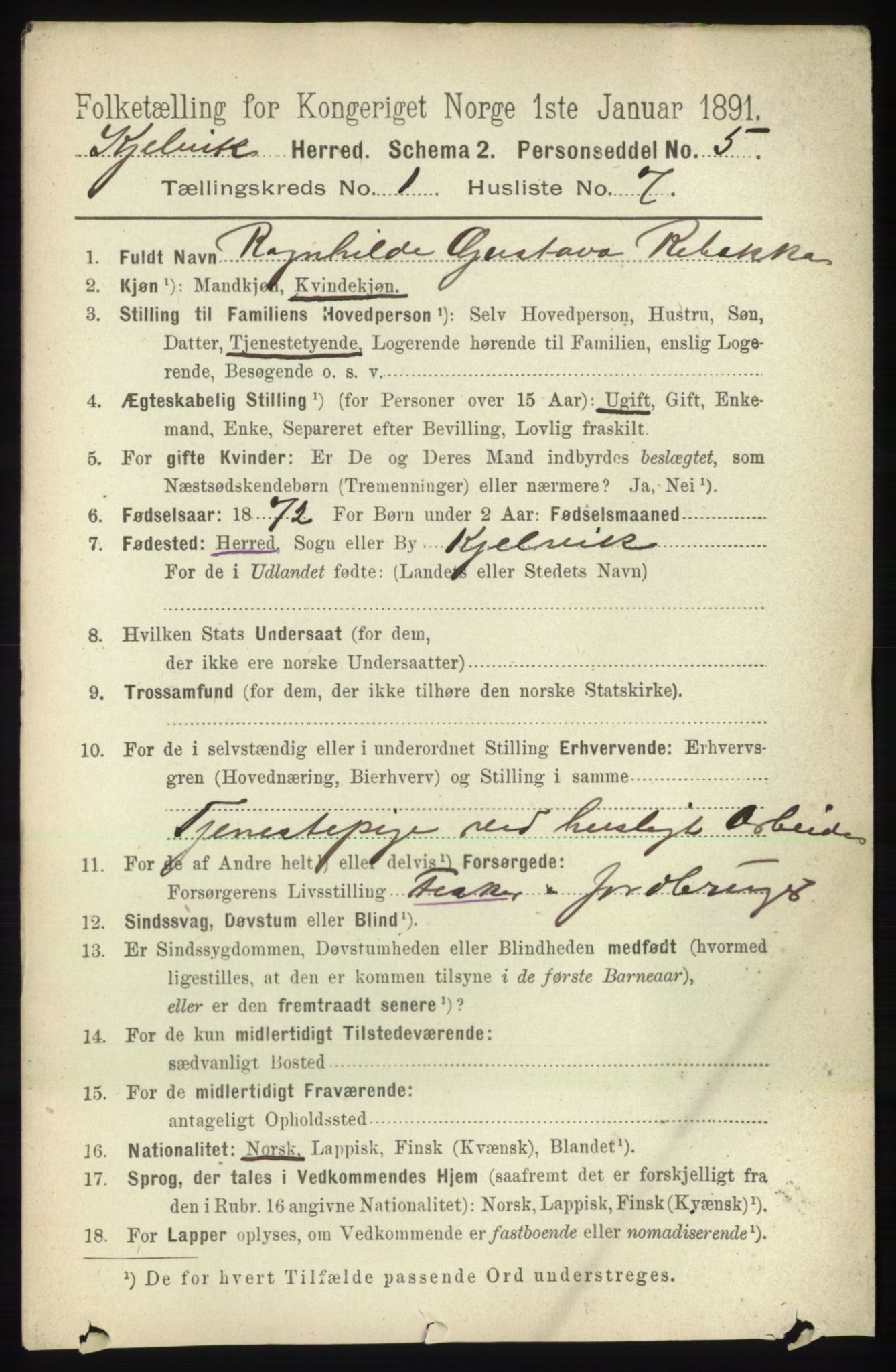 RA, 1891 census for 2019 Kjelvik, 1891, p. 73