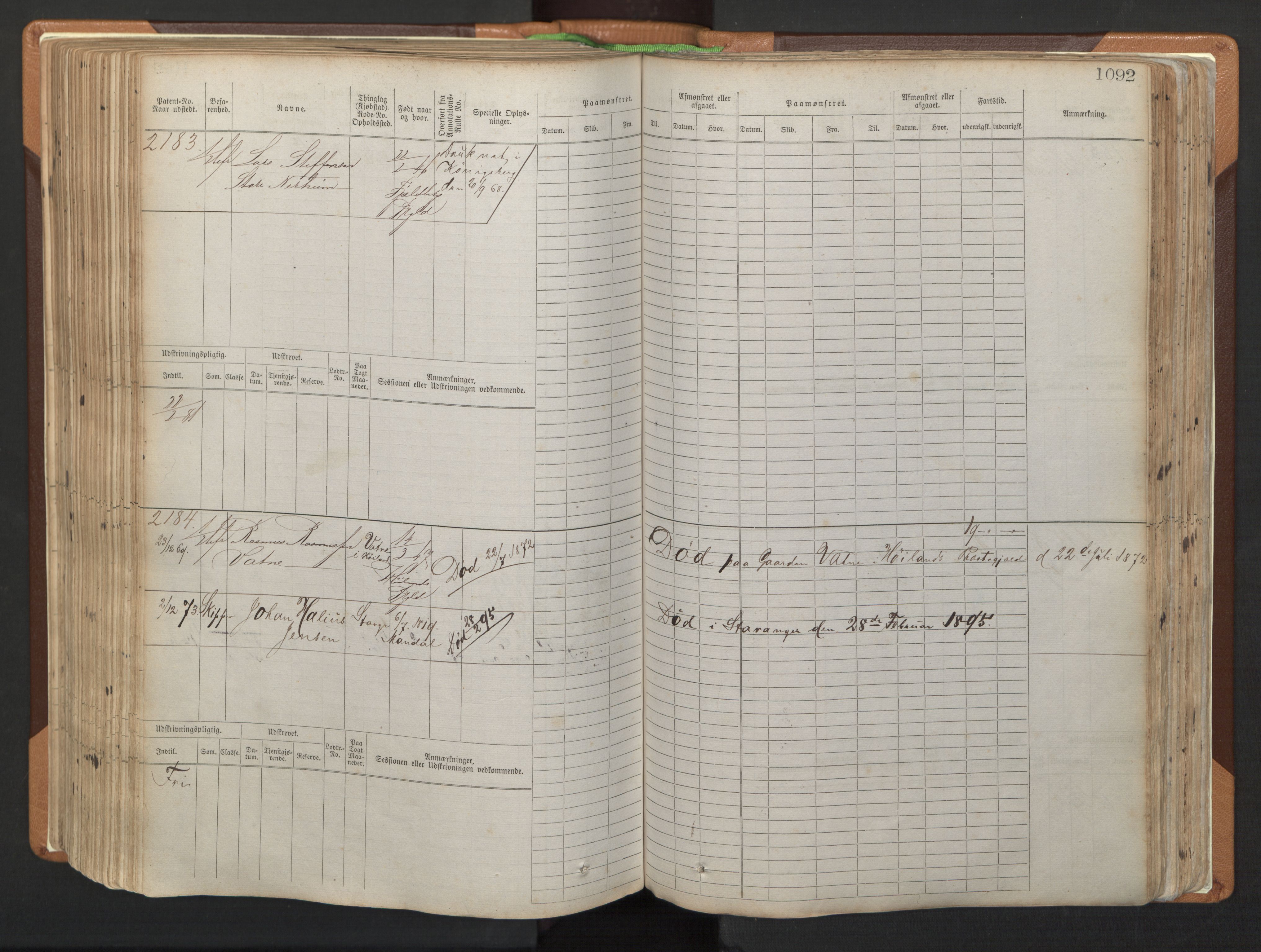 Stavanger sjømannskontor, AV/SAST-A-102006/F/Fb/Fbb/L0006: Sjøfartshovedrulle, patentnr. 1607-2402 (del 3), 1869-1880, p. 292