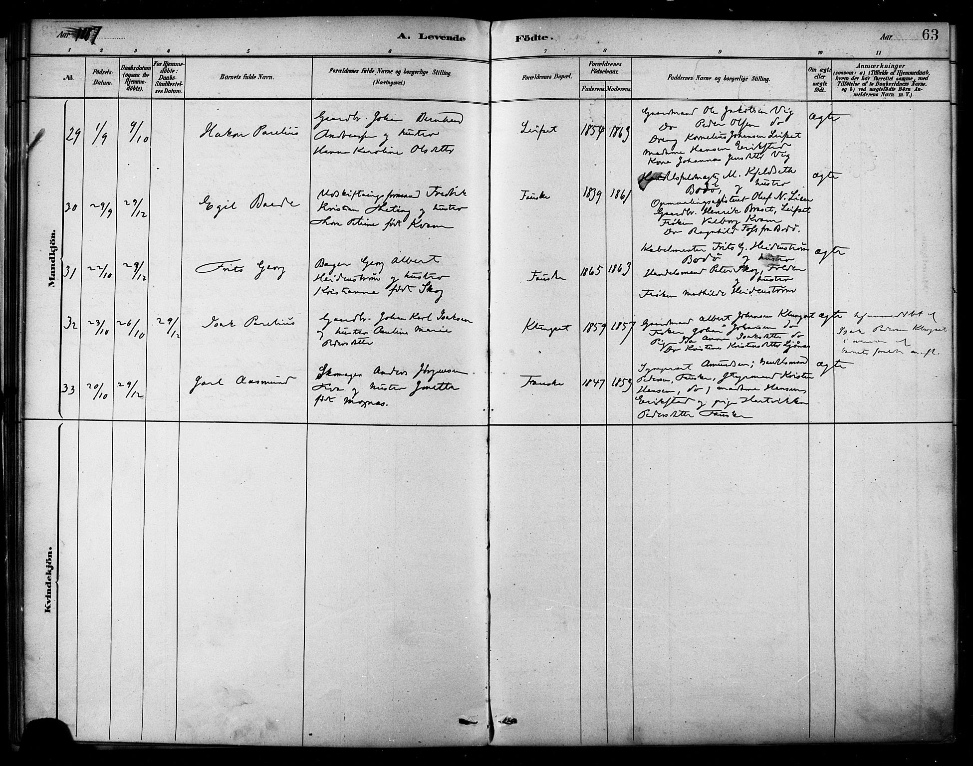 Ministerialprotokoller, klokkerbøker og fødselsregistre - Nordland, AV/SAT-A-1459/849/L0689: Parish register (official) no. 849A01, 1879-1889, p. 63