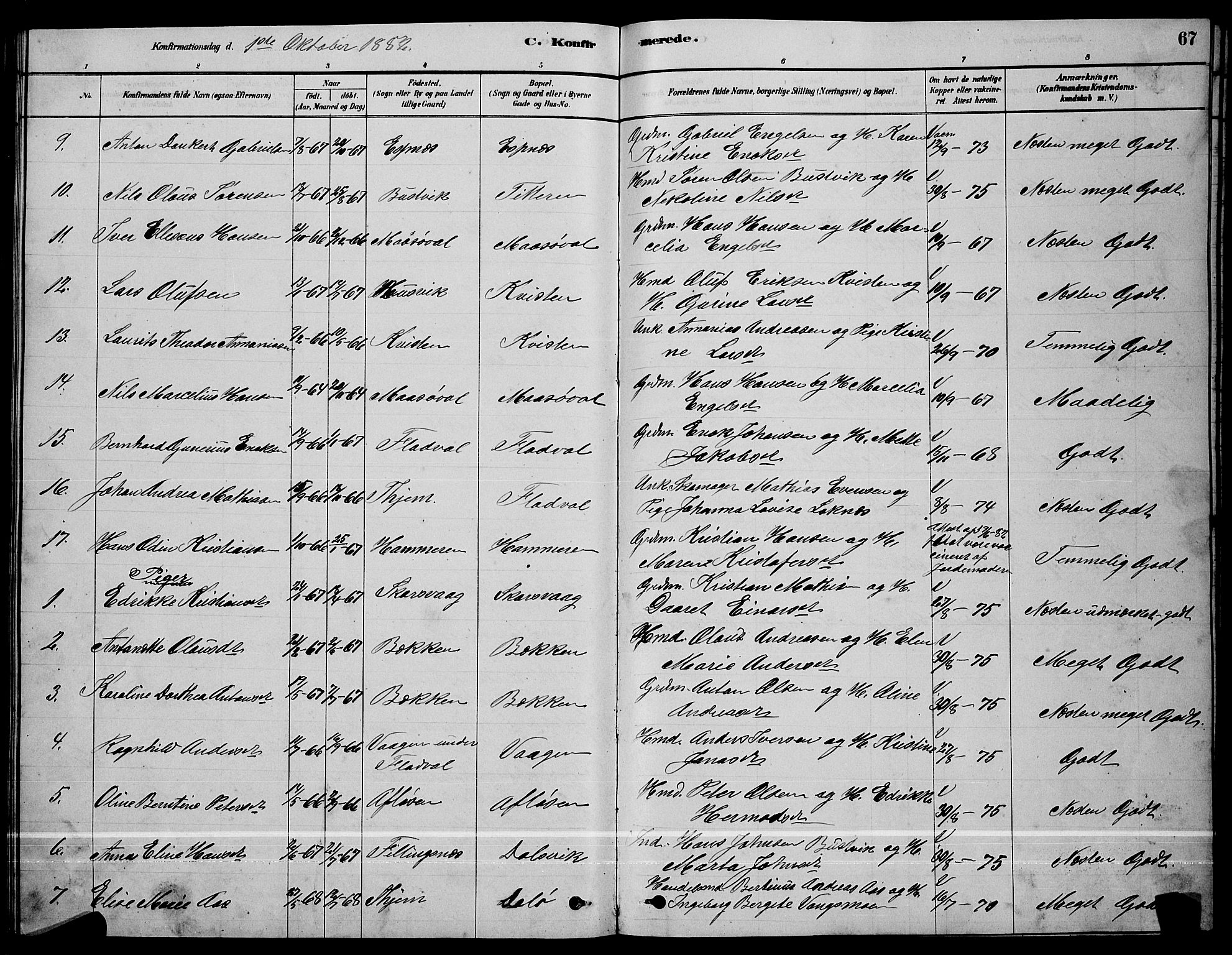 Ministerialprotokoller, klokkerbøker og fødselsregistre - Sør-Trøndelag, AV/SAT-A-1456/641/L0597: Parish register (copy) no. 641C01, 1878-1893, p. 67