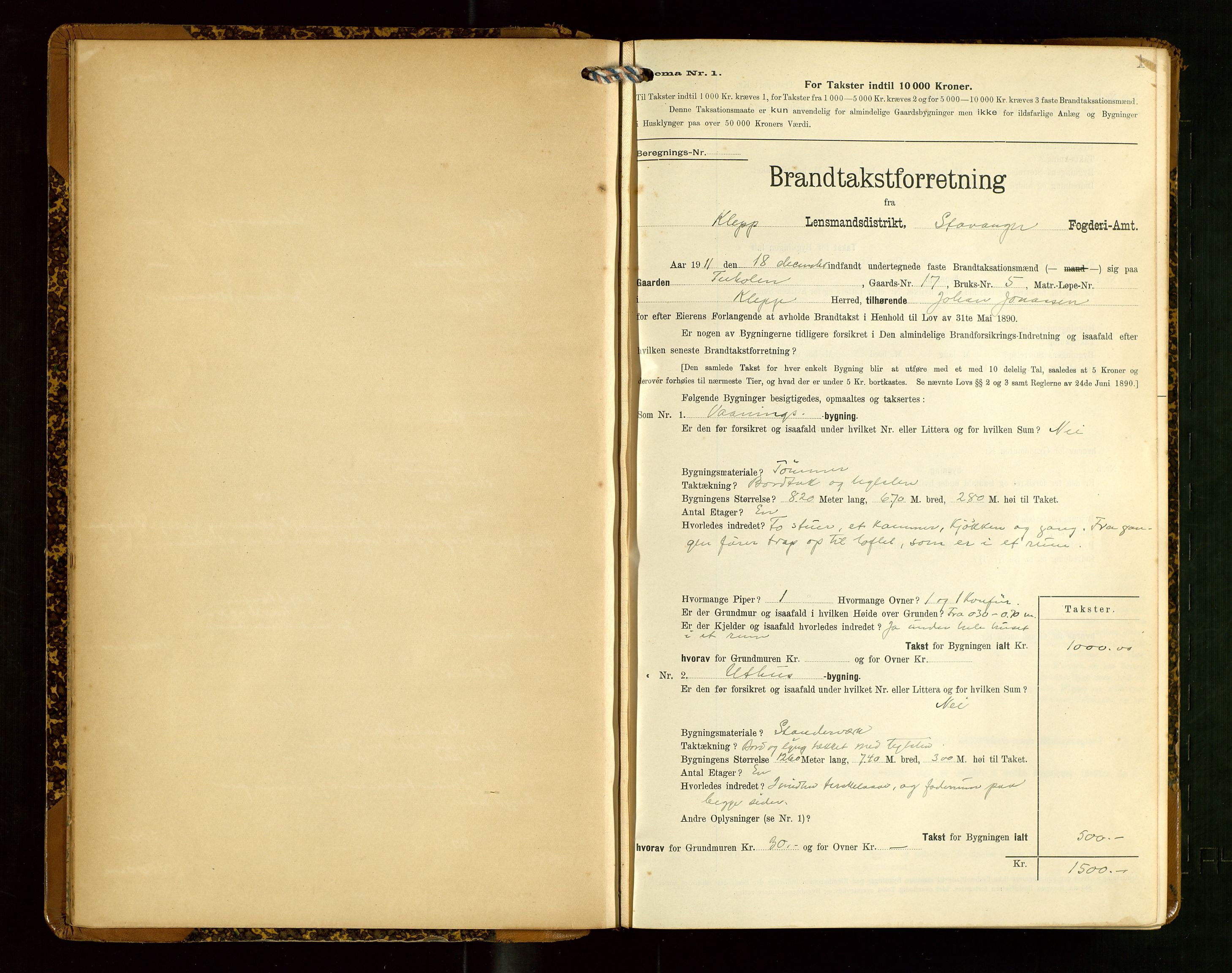 Klepp lensmannskontor, SAST/A-100163/Goc/L0007: "Brandtaxationsprotokol" m/register, 1911-1915, p. 1