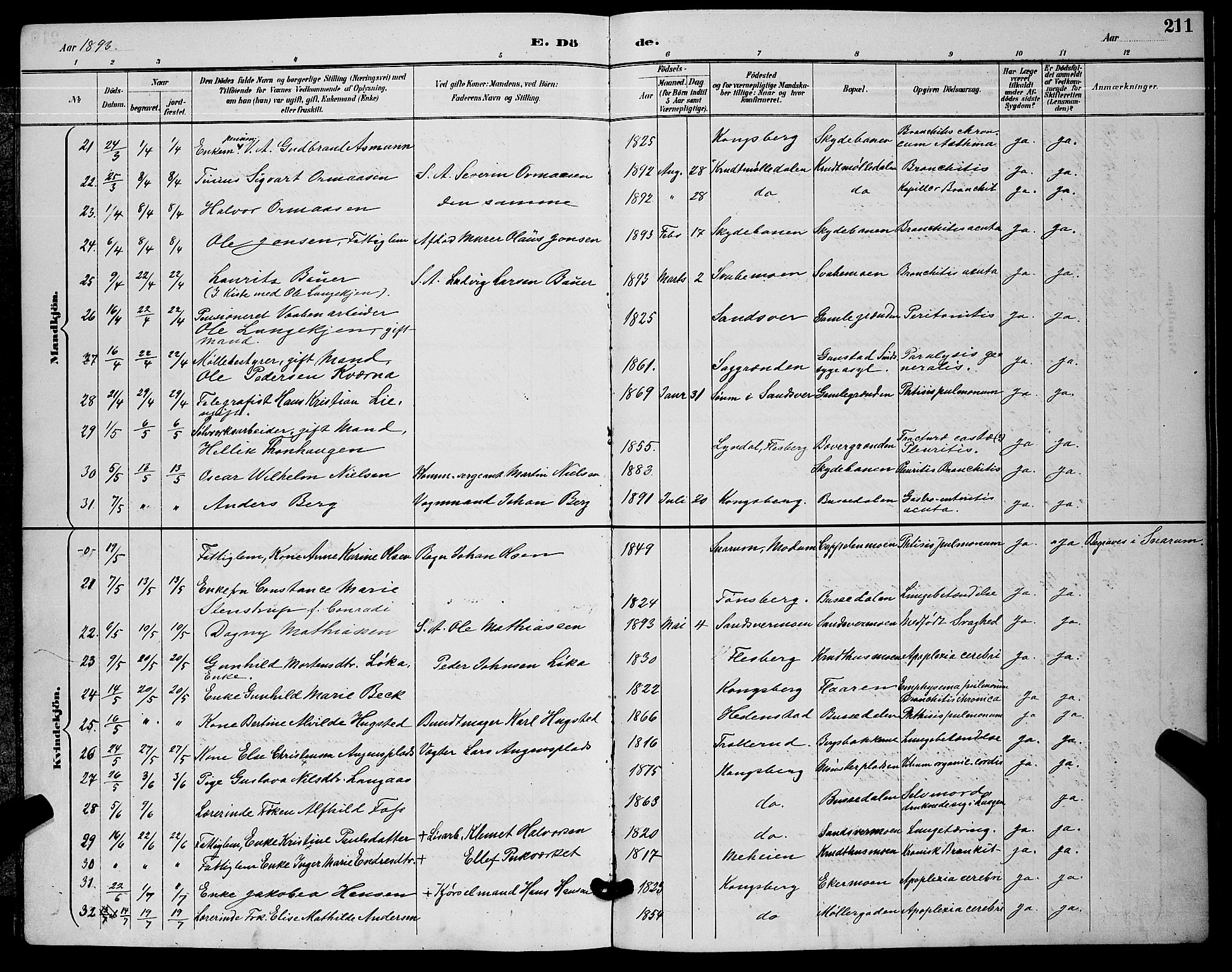 Kongsberg kirkebøker, AV/SAKO-A-22/G/Ga/L0006: Parish register (copy) no. 6, 1890-1901, p. 211