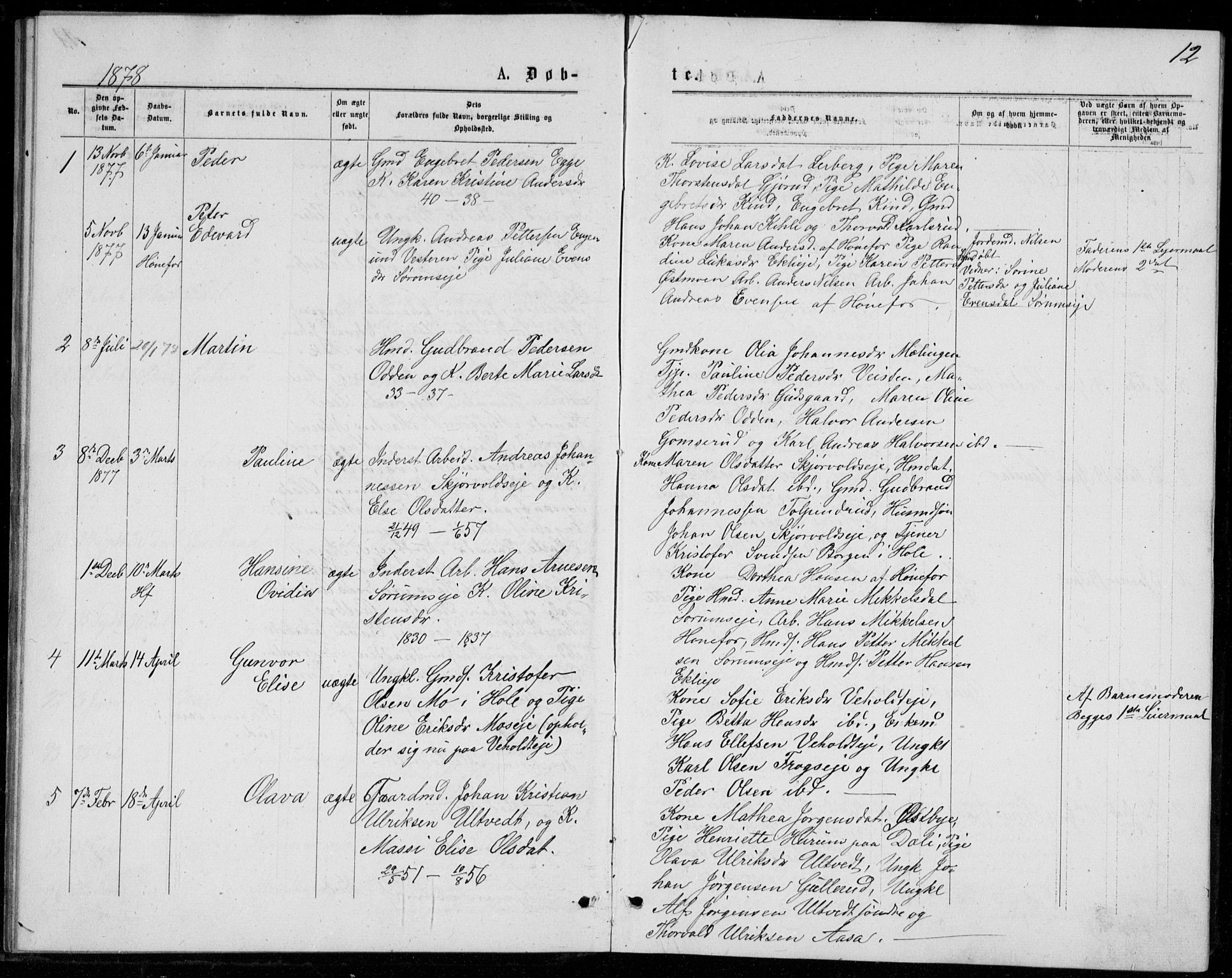 Norderhov kirkebøker, AV/SAKO-A-237/G/Ga/L0007: Parish register (copy) no. I 7, 1877-1887, p. 12