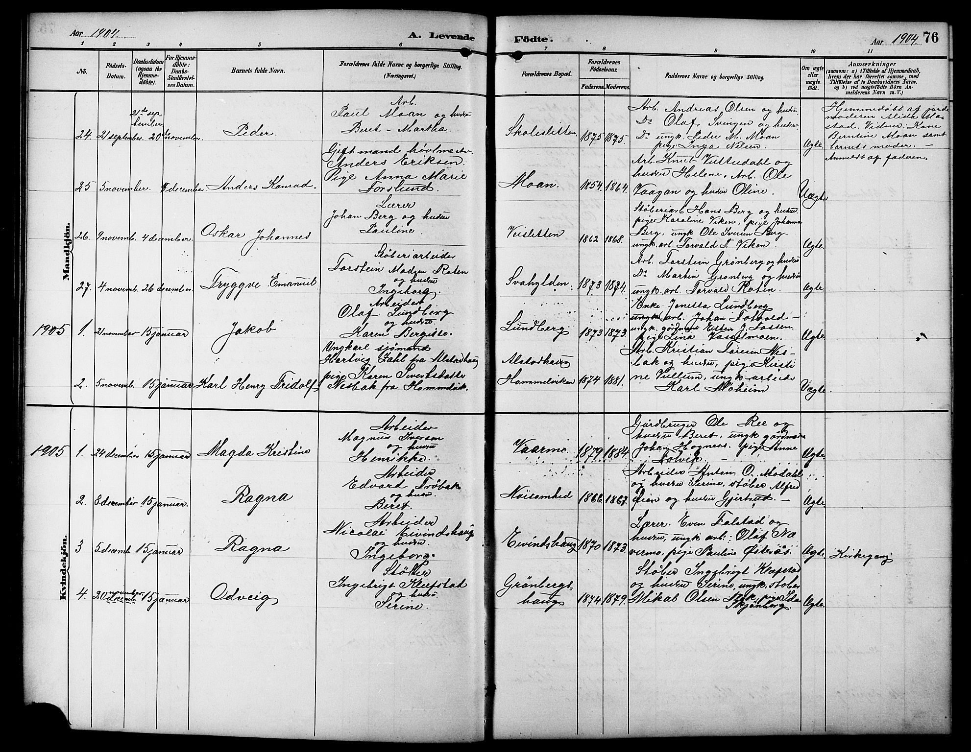 Ministerialprotokoller, klokkerbøker og fødselsregistre - Sør-Trøndelag, SAT/A-1456/617/L0431: Parish register (copy) no. 617C01, 1889-1910, p. 76