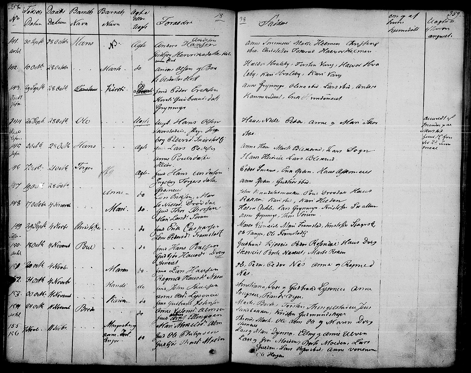 Gran prestekontor, SAH/PREST-112/H/Ha/Haa/L0010: Parish register (official) no. 10, 1824-1842, p. 358-359
