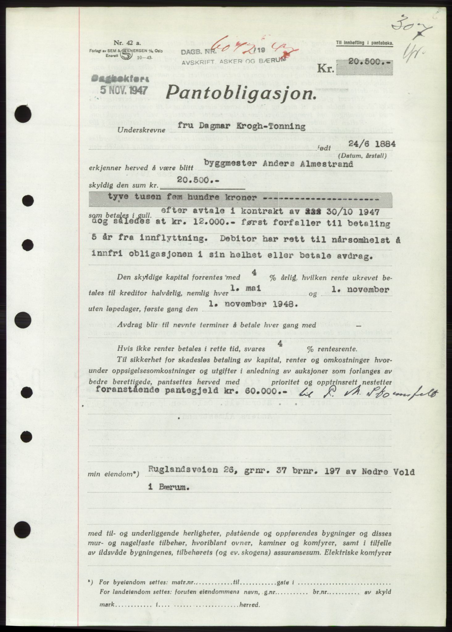 Aker herredsskriveri, AV/SAO-A-10896/G/Gb/Gbb/Gbbc/L0018: Mortgage book no. B84, 1947-1947, Diary no: : 6042/1947