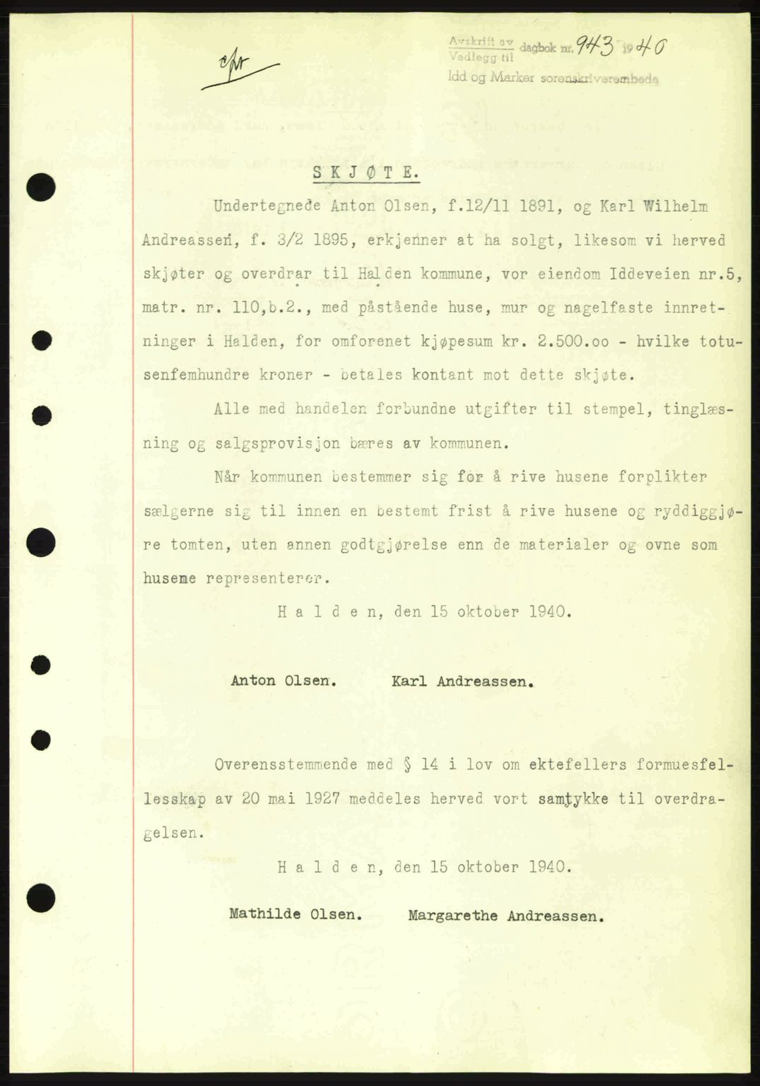 Idd og Marker sorenskriveri, AV/SAO-A-10283/G/Gb/Gbb/L0004: Mortgage book no. A4, 1940-1941, Diary no: : 943/1940