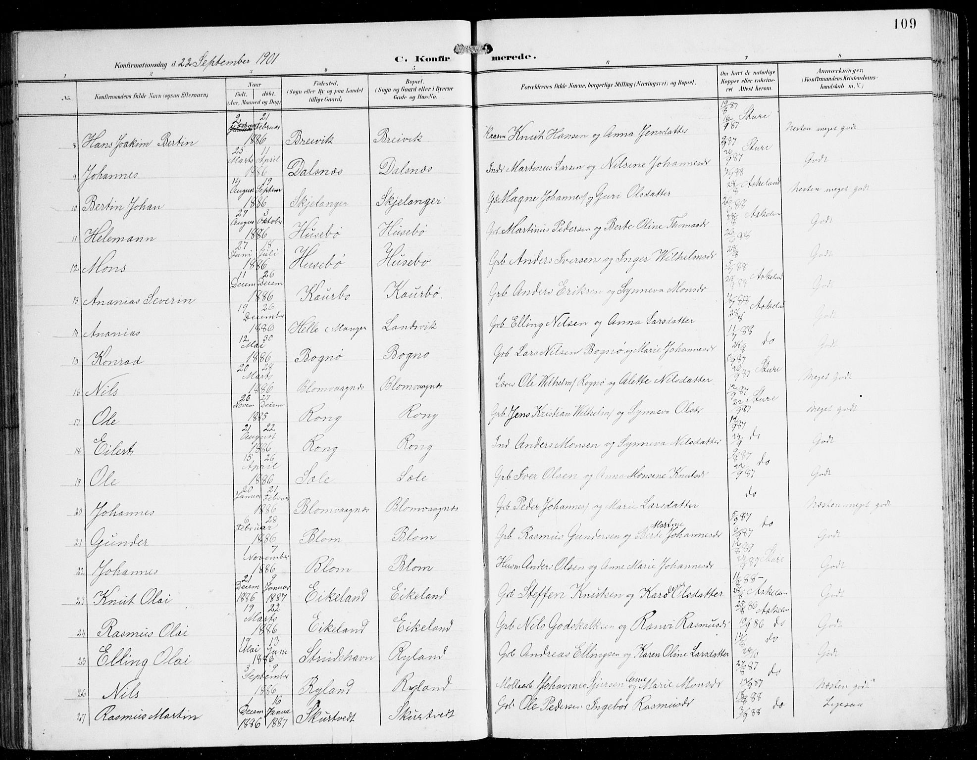 Herdla Sokneprestembete, AV/SAB-A-75701/H/Hab: Parish register (copy) no. C 1, 1900-1913, p. 109