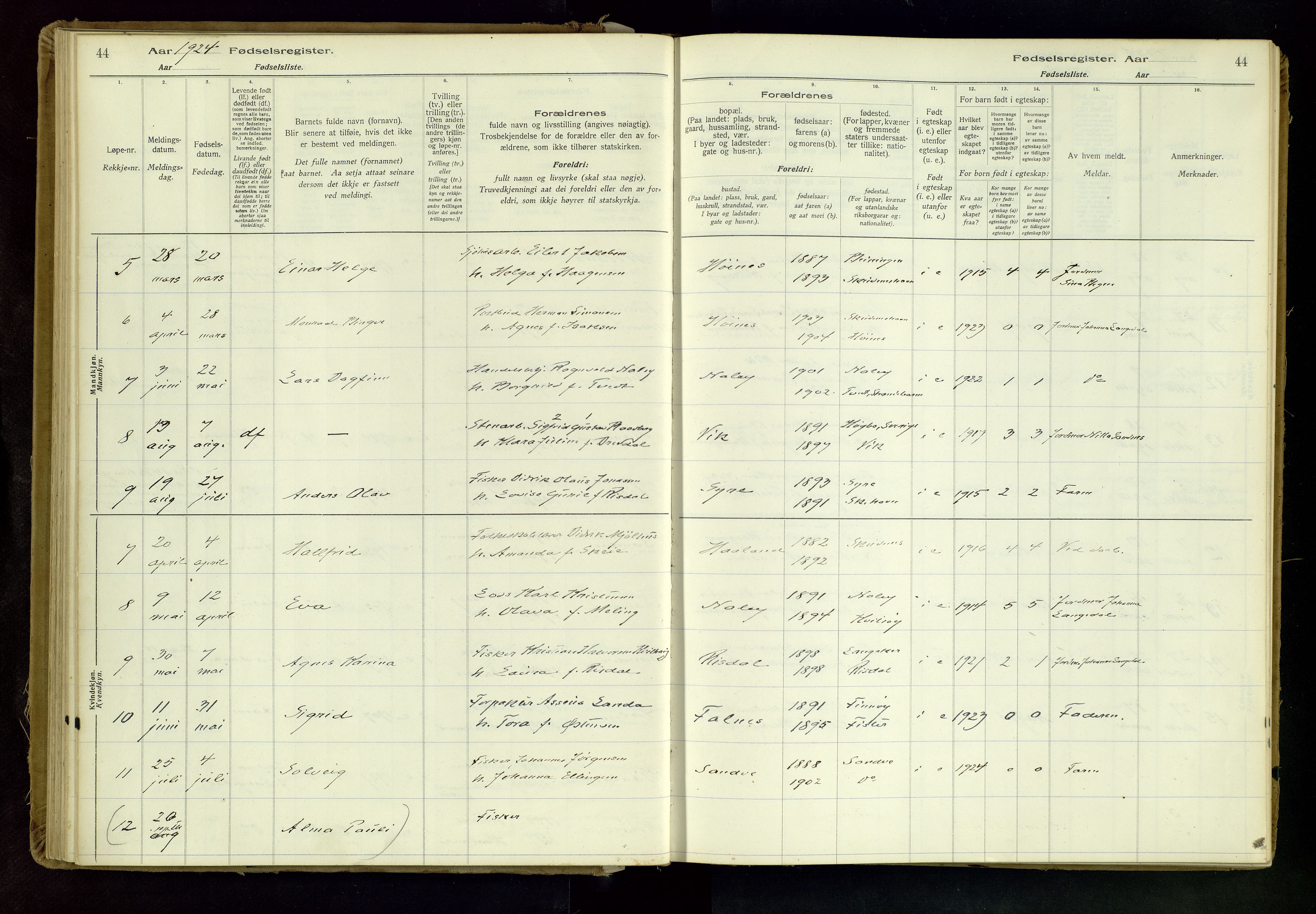 Skudenes sokneprestkontor, AV/SAST-A -101849/I/Id/L0001: Birth register no. 1, 1916-1964, p. 44