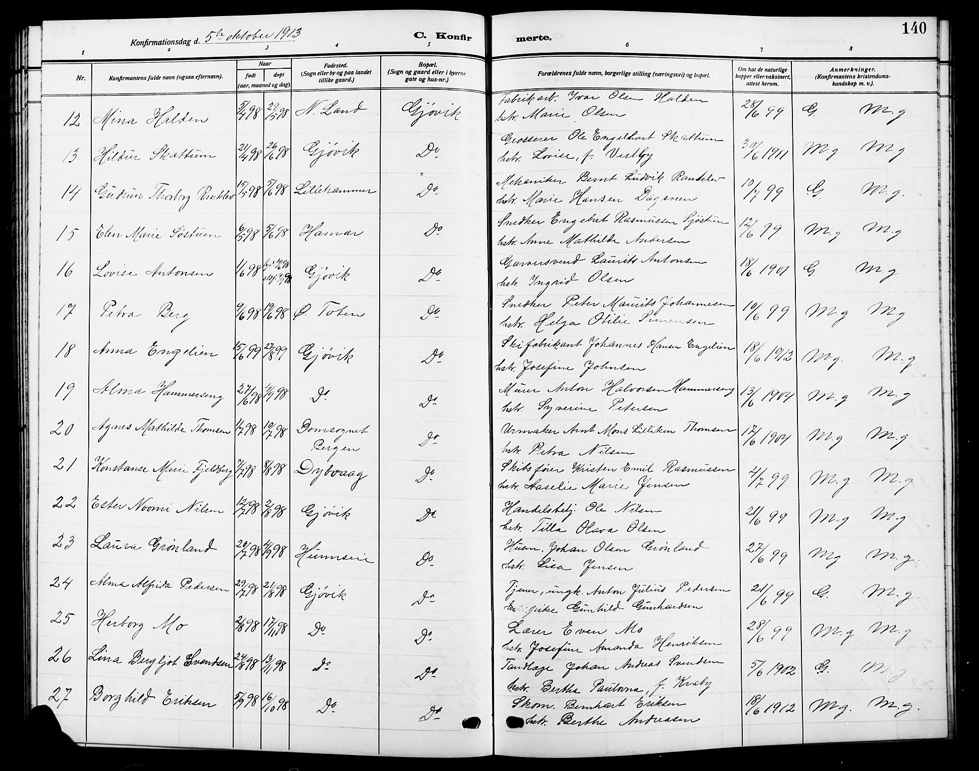 Vardal prestekontor, AV/SAH-PREST-100/H/Ha/Hab/L0014: Parish register (copy) no. 14, 1911-1922, p. 140