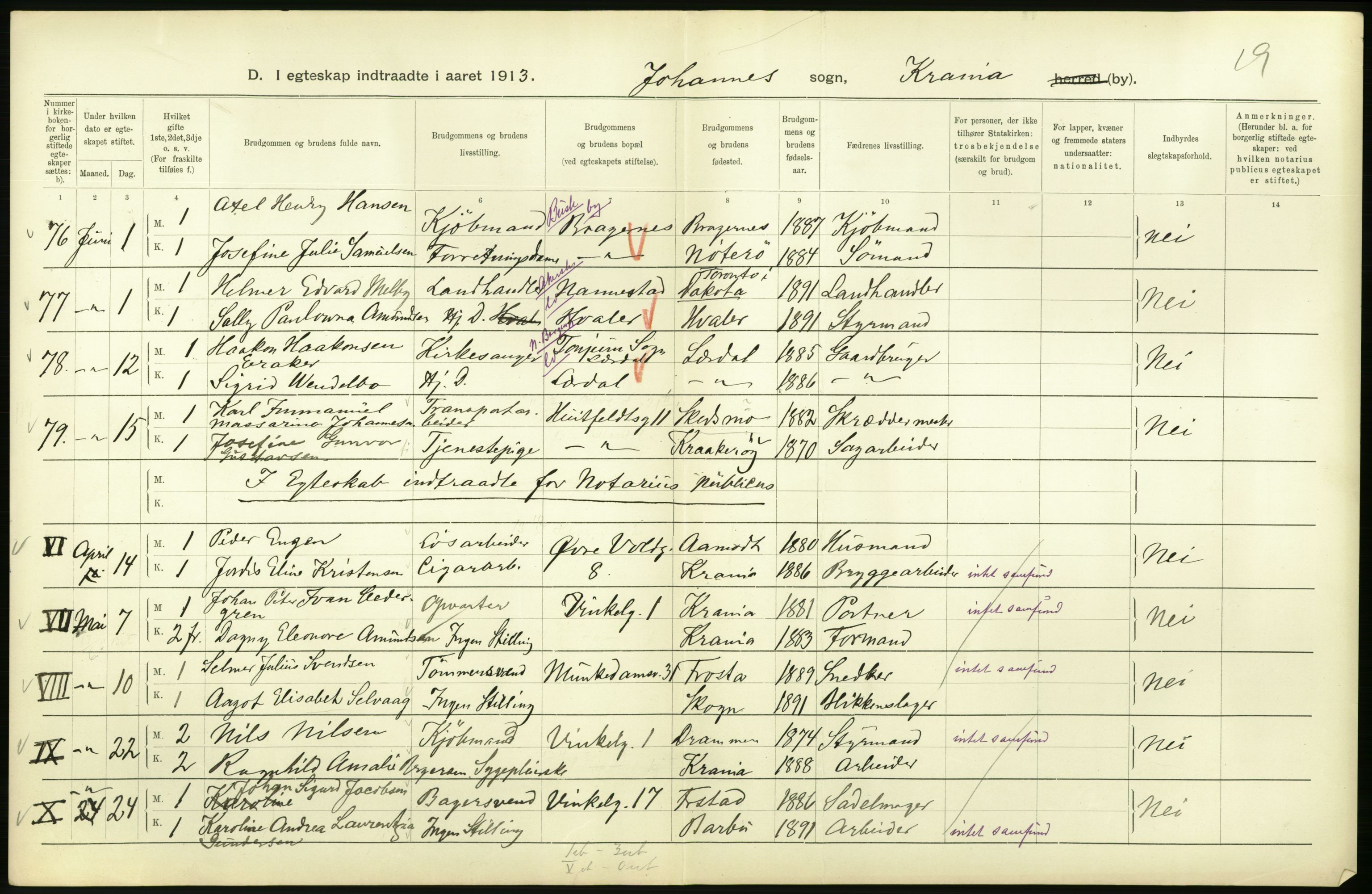 Statistisk sentralbyrå, Sosiodemografiske emner, Befolkning, AV/RA-S-2228/D/Df/Dfb/Dfbc/L0008: Kristiania: Gifte., 1913, p. 736