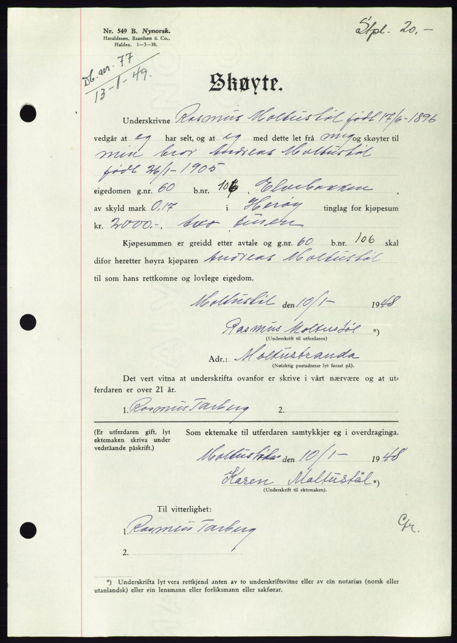 Søre Sunnmøre sorenskriveri, AV/SAT-A-4122/1/2/2C/L0083: Mortgage book no. 9A, 1948-1949, Diary no: : 77/1949