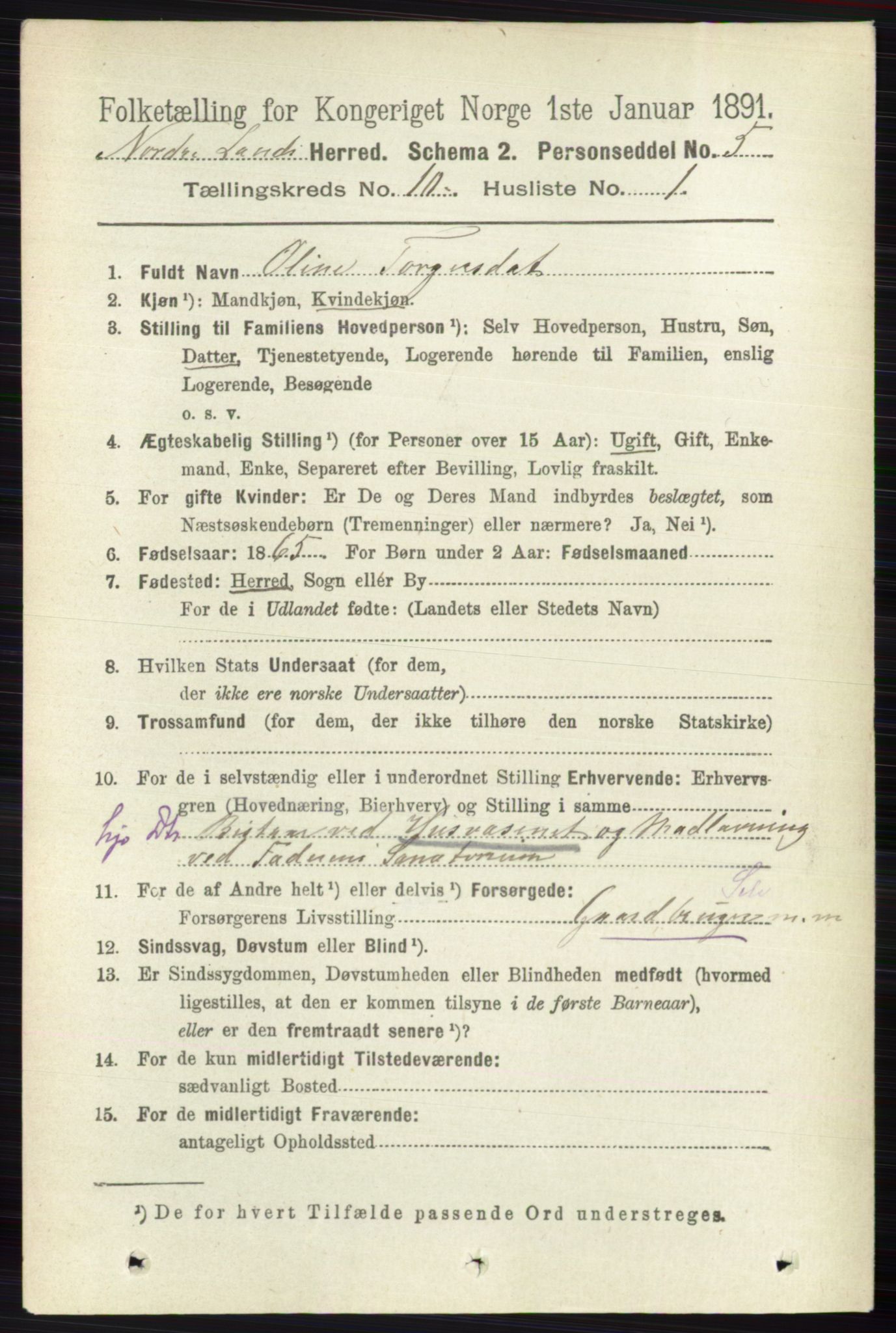 RA, 1891 census for 0538 Nordre Land, 1891, p. 2809