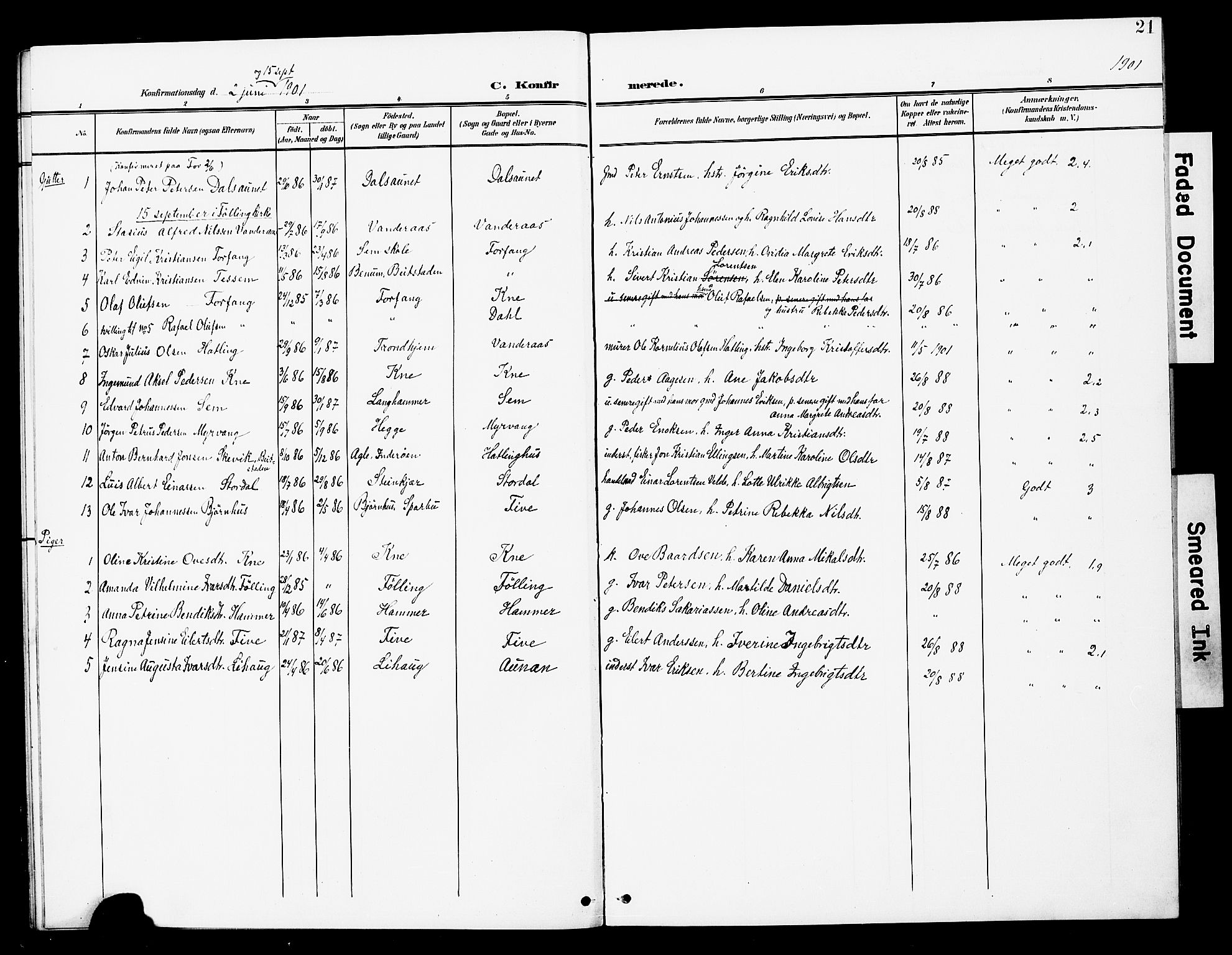 Ministerialprotokoller, klokkerbøker og fødselsregistre - Nord-Trøndelag, AV/SAT-A-1458/748/L0464: Parish register (official) no. 748A01, 1900-1908, p. 21