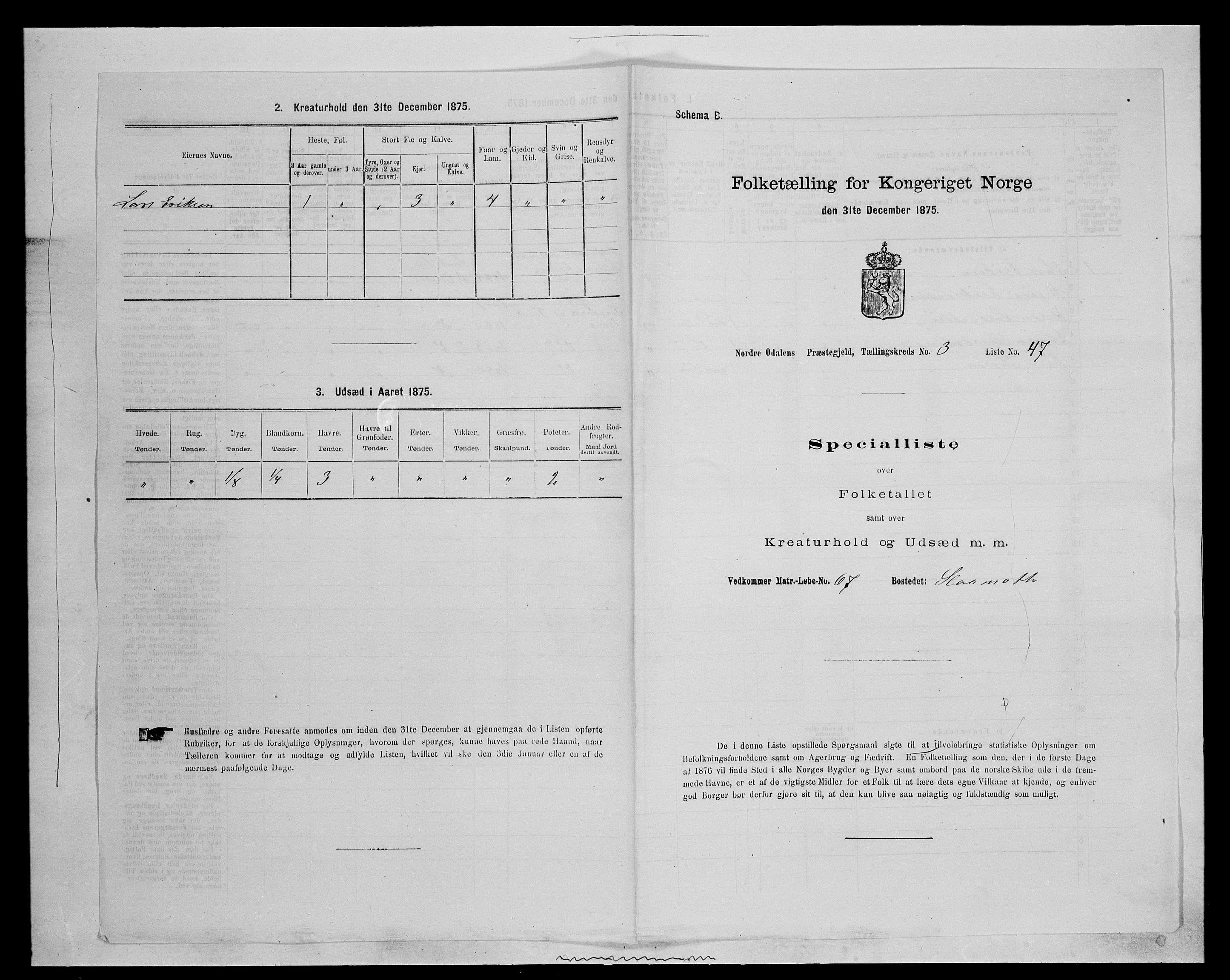 SAH, 1875 census for 0418P Nord-Odal, 1875, p. 463