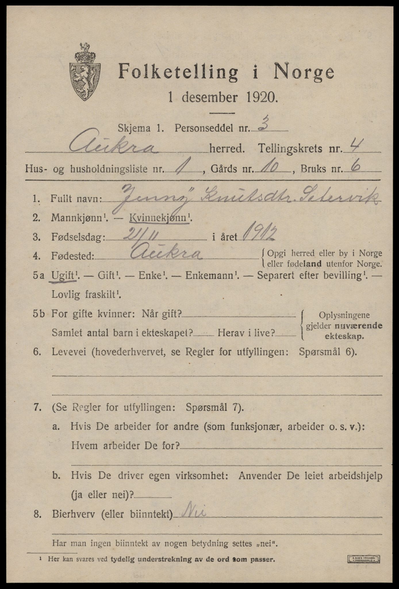 SAT, 1920 census for Aukra, 1920, p. 2695