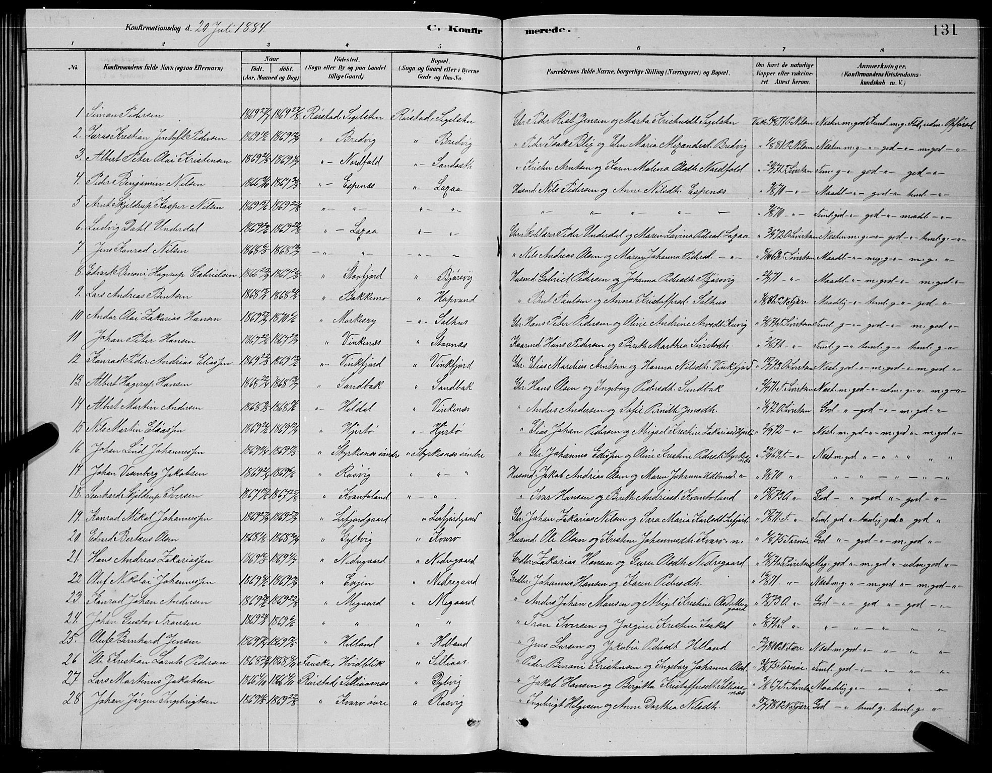 Ministerialprotokoller, klokkerbøker og fødselsregistre - Nordland, SAT/A-1459/853/L0776: Parish register (copy) no. 853C04, 1878-1889, p. 131
