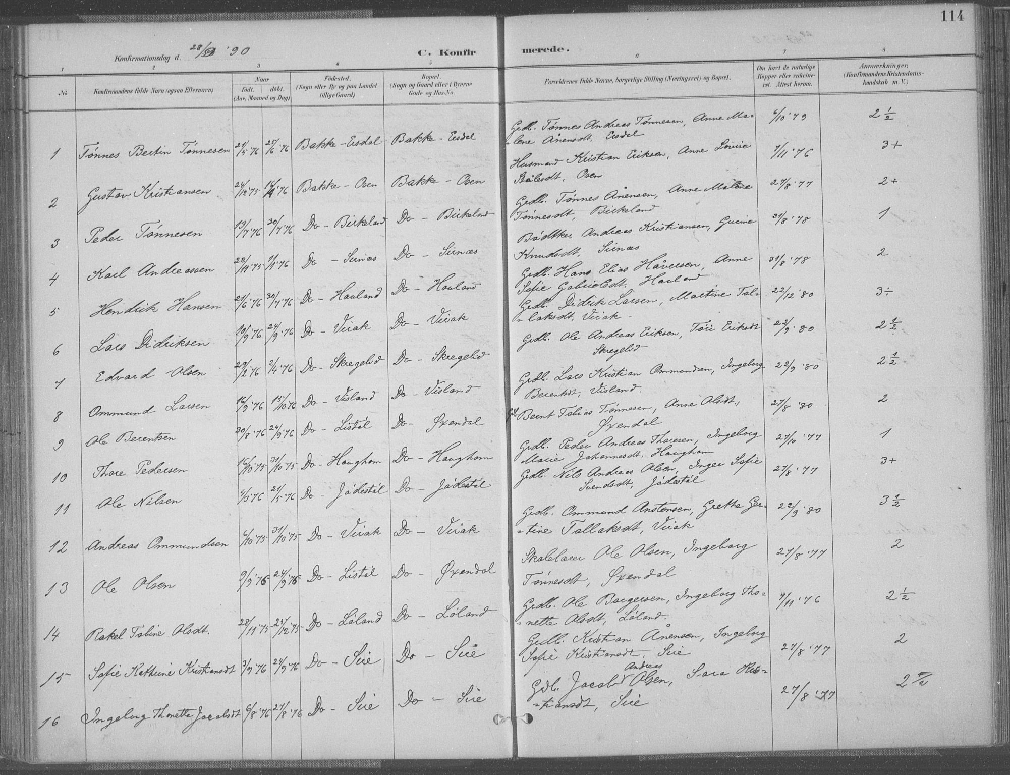 Bakke sokneprestkontor, SAK/1111-0002/F/Fa/Faa/L0008: Parish register (official) no. A 8, 1887-1911, p. 114
