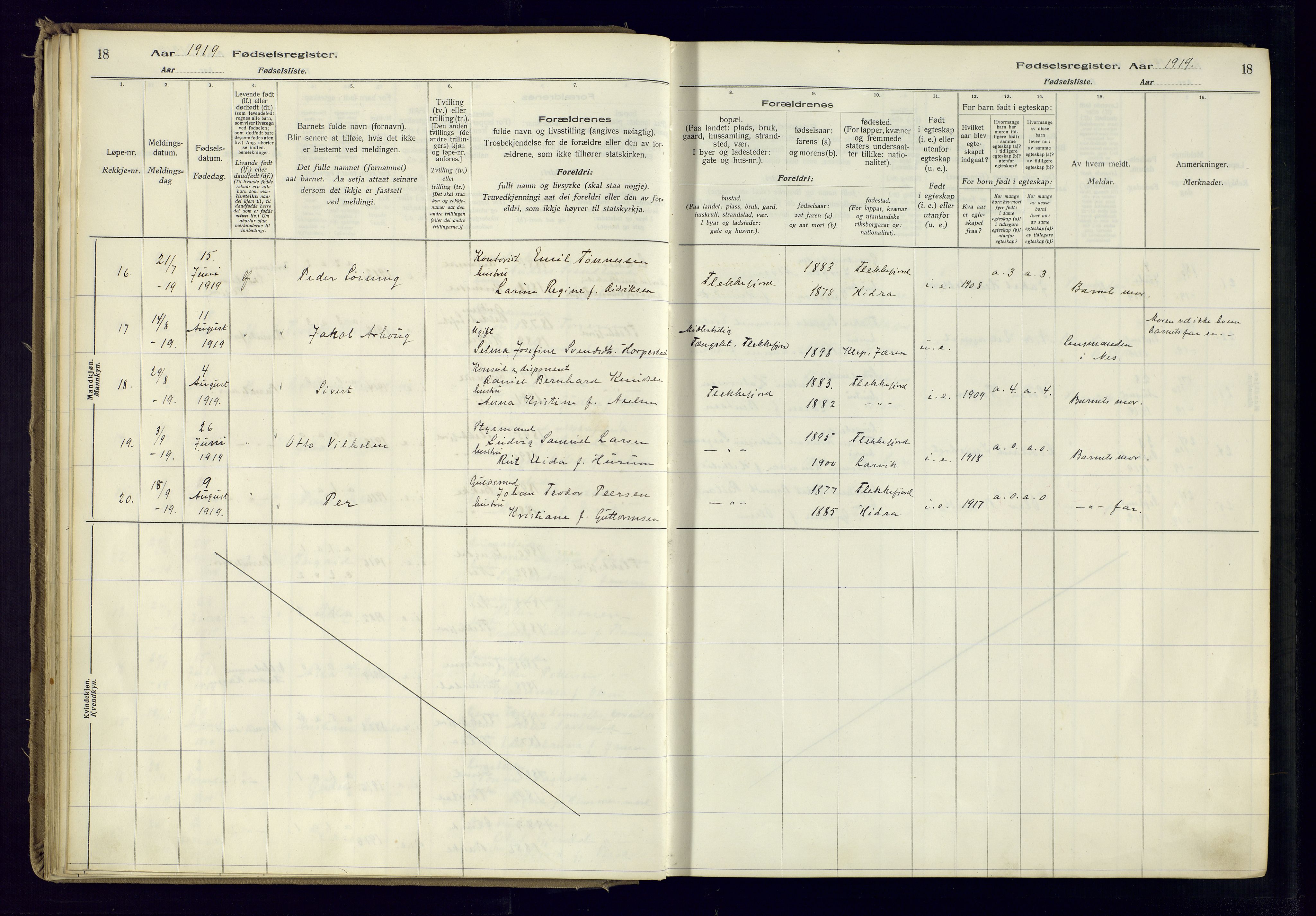 Flekkefjord sokneprestkontor, AV/SAK-1111-0012/J/Ja/L0001: Birth register no. 1, 1916-1948, p. 18