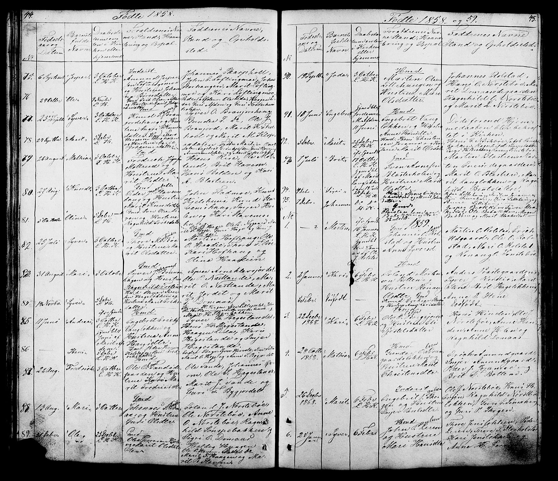 Lesja prestekontor, SAH/PREST-068/H/Ha/Hab/L0005: Parish register (copy) no. 5, 1850-1894, p. 44-45