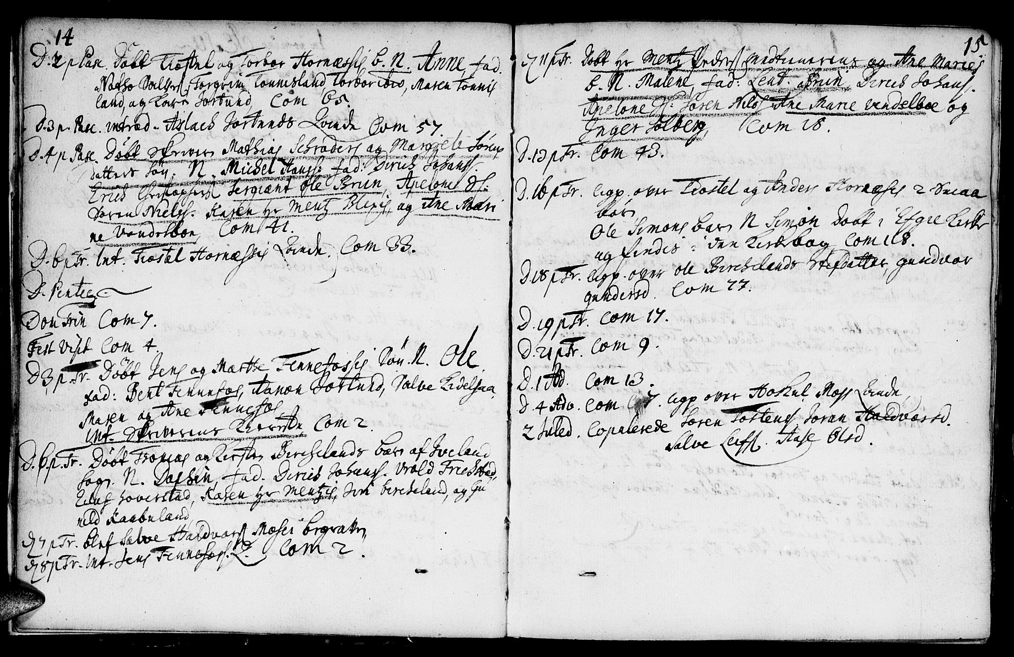 Evje sokneprestkontor, AV/SAK-1111-0008/F/Fa/Fab/L0001: Parish register (official) no. A 1, 1704-1764, p. 14-15