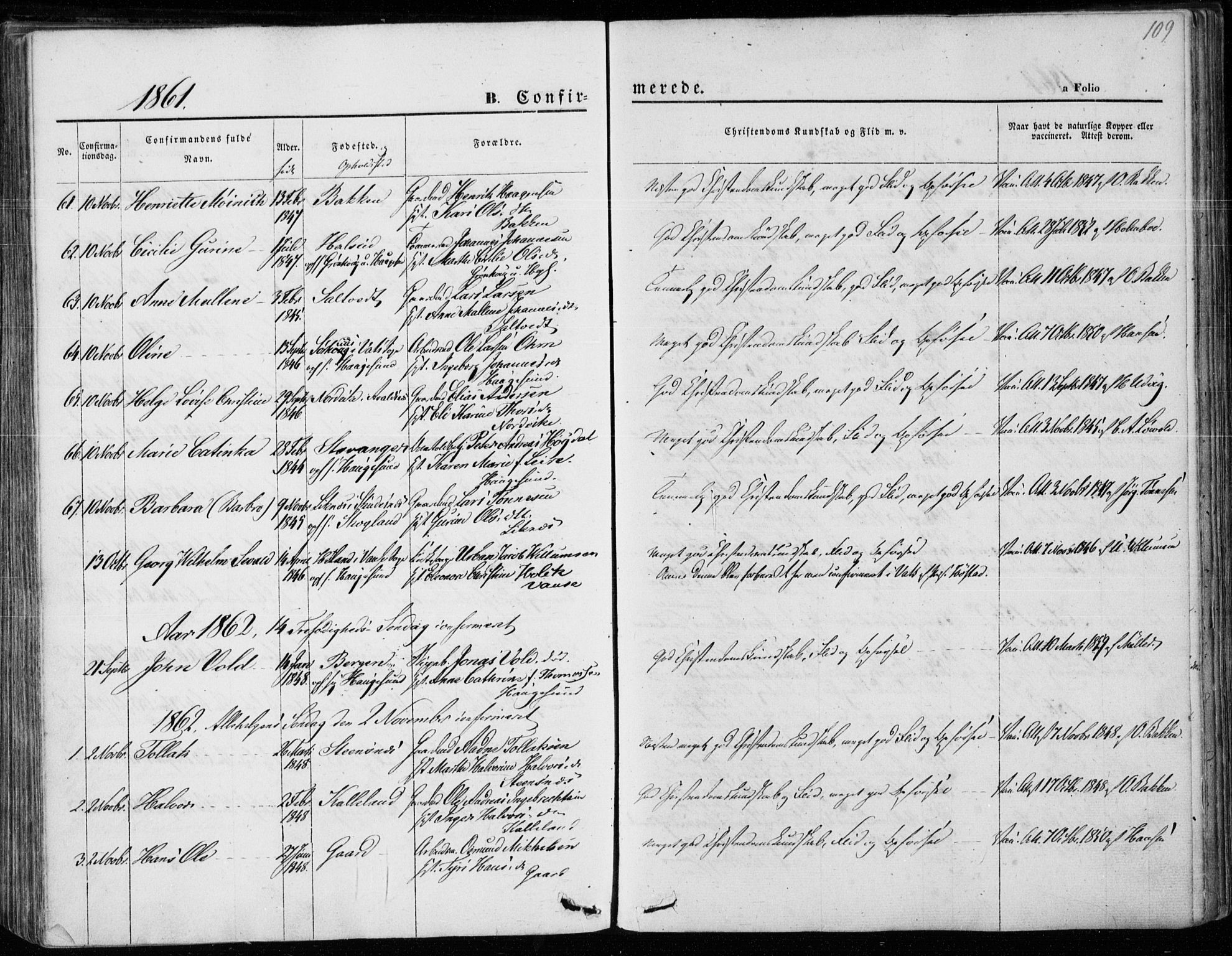 Torvastad sokneprestkontor, SAST/A -101857/H/Ha/Haa/L0011: Parish register (official) no. A 11, 1857-1866, p. 109