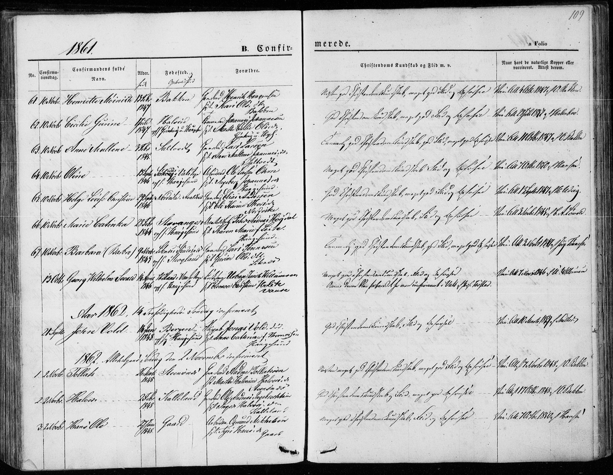 Torvastad sokneprestkontor, AV/SAST-A -101857/H/Ha/Haa/L0011: Parish register (official) no. A 11, 1857-1866, p. 109