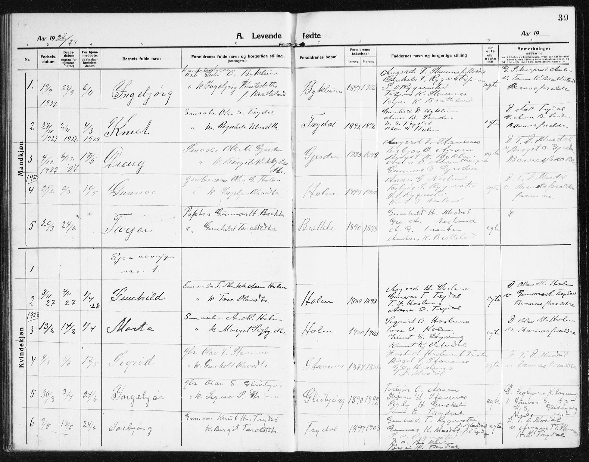 Valle sokneprestkontor, SAK/1111-0044/F/Fb/Fba/L0004: Parish register (copy) no. B 4, 1917-1944, p. 39