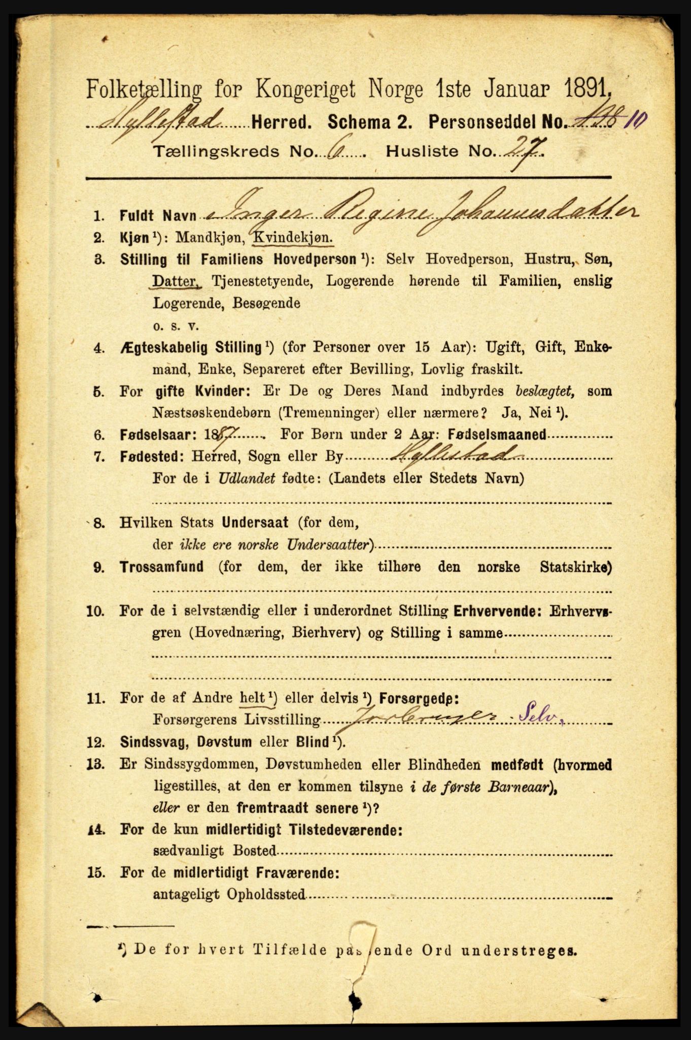 RA, 1891 census for 1413 Hyllestad, 1891, p. 1157