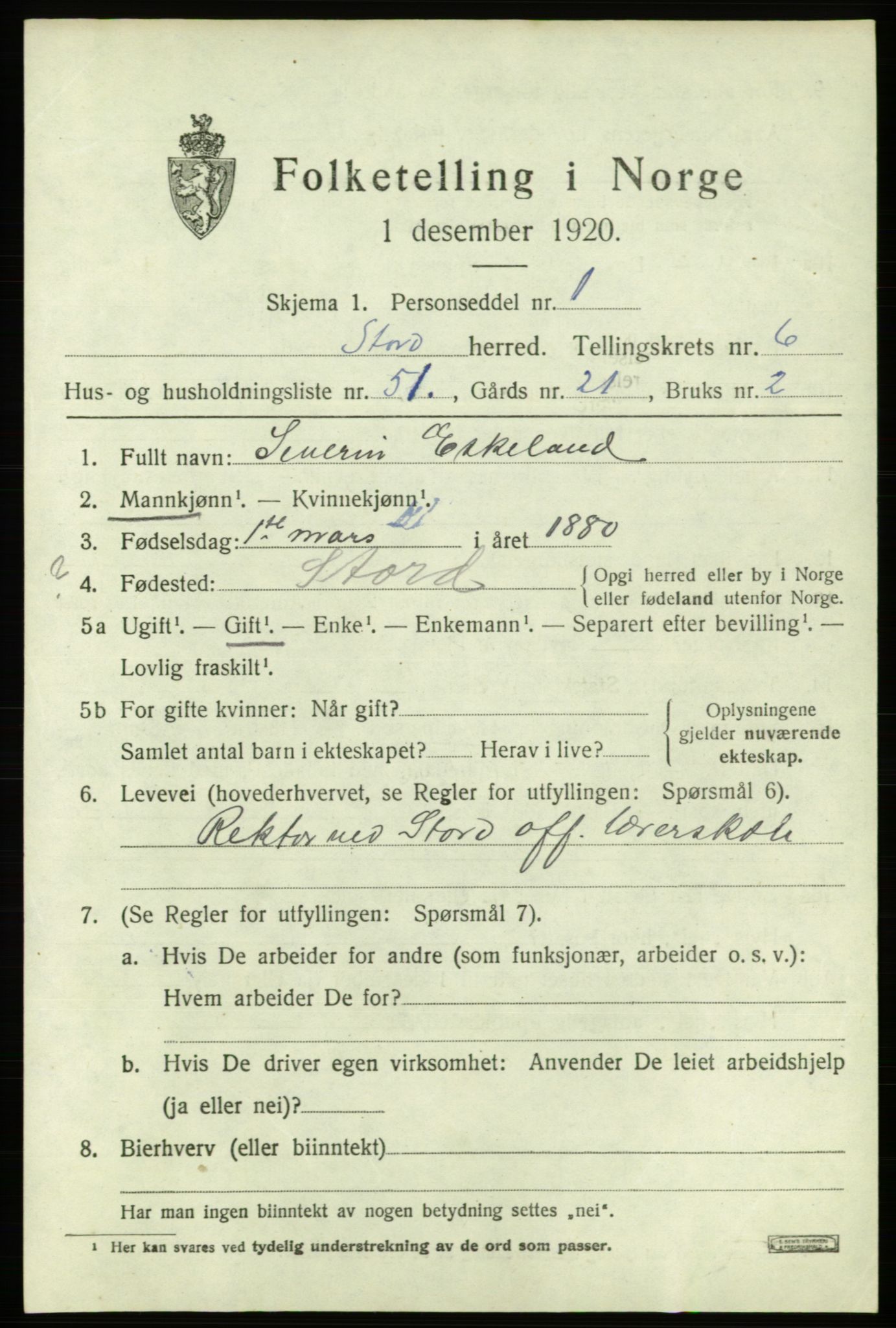 SAB, 1920 census for Stord, 1920, p. 3221