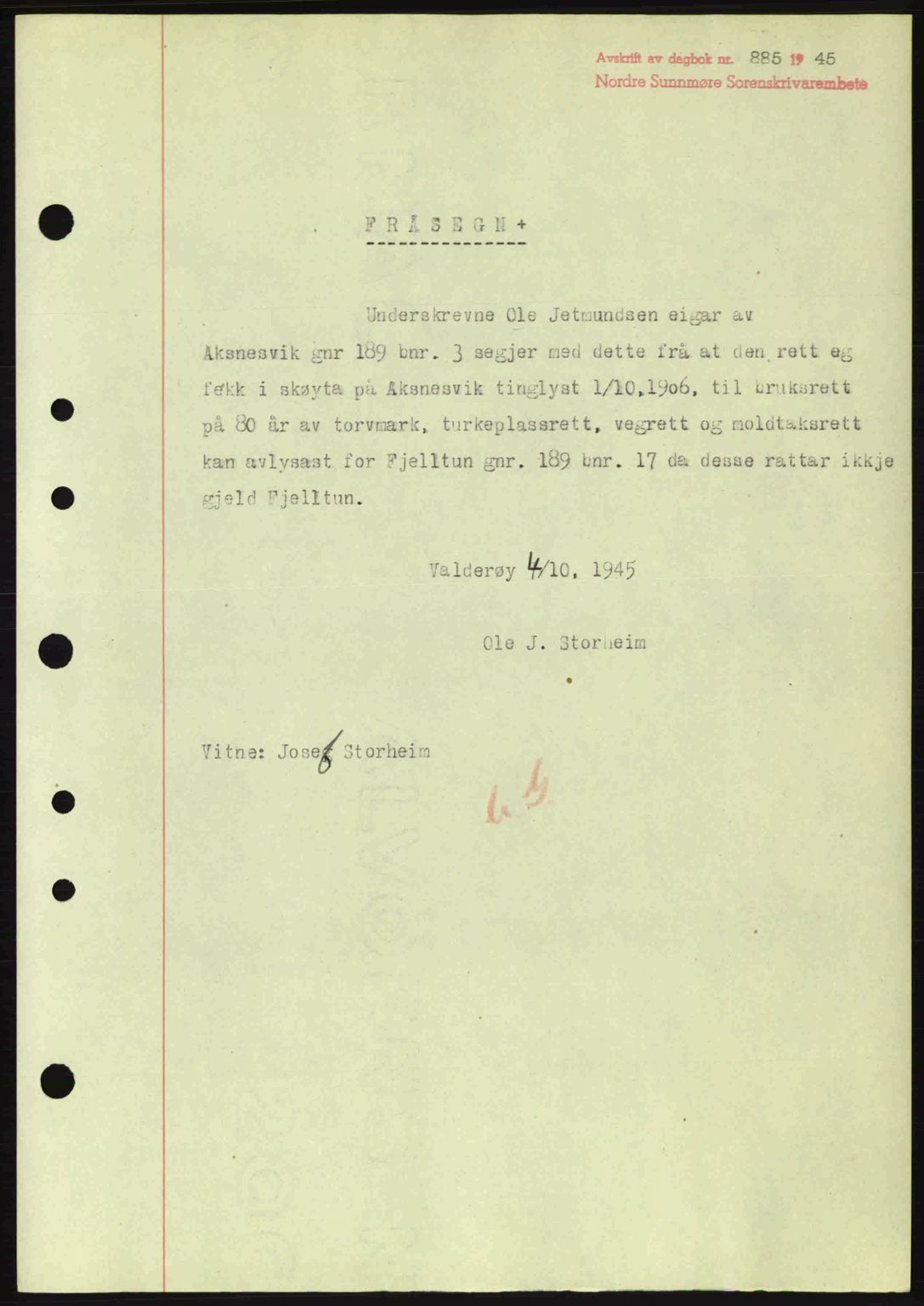 Nordre Sunnmøre sorenskriveri, SAT/A-0006/1/2/2C/2Ca: Mortgage book no. B6-14 a, 1942-1945, Diary no: : 885/1945