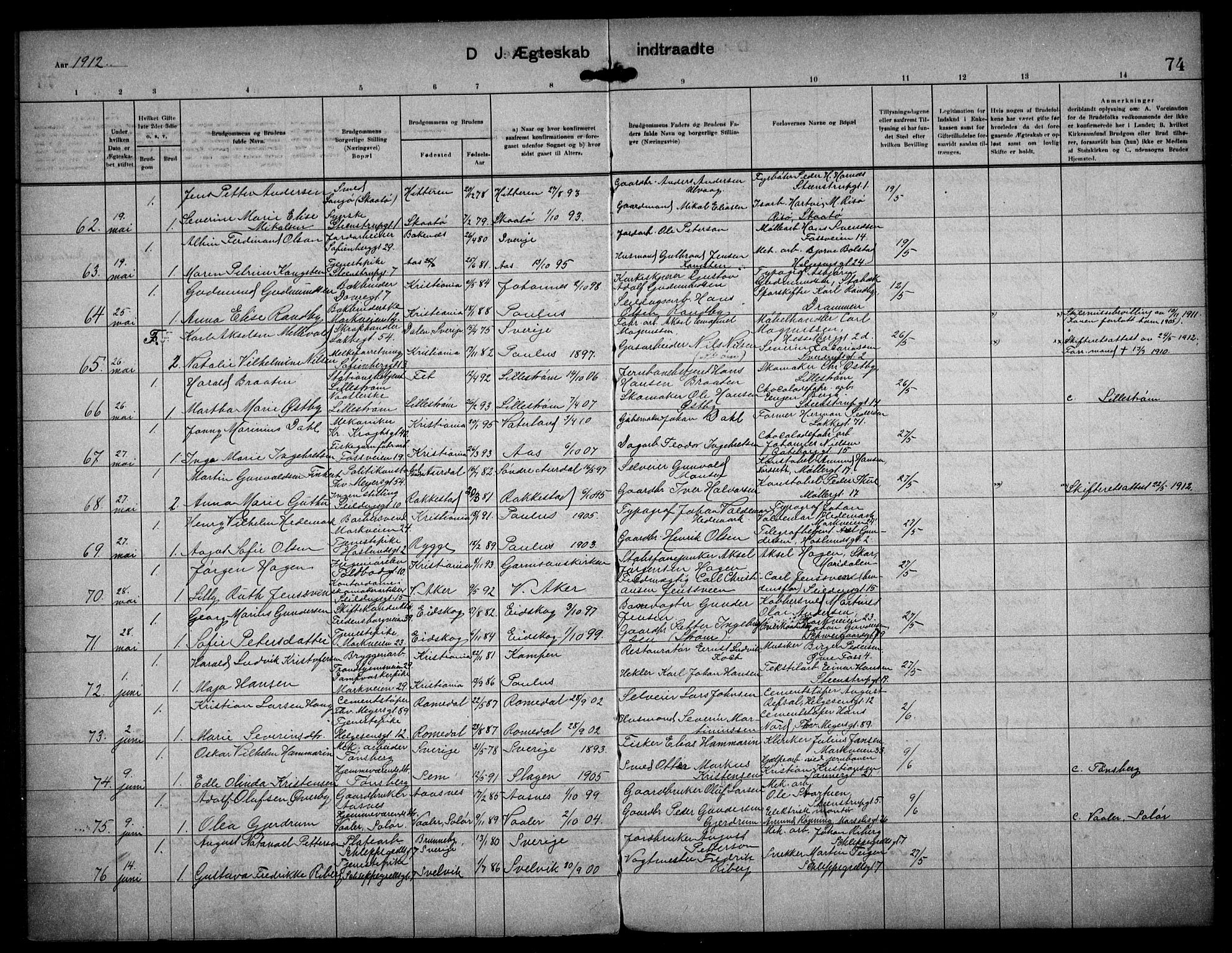 Paulus prestekontor Kirkebøker, AV/SAO-A-10871/F/Fa/L0017: Parish register (official) no. 17, 1906-1917, p. 74