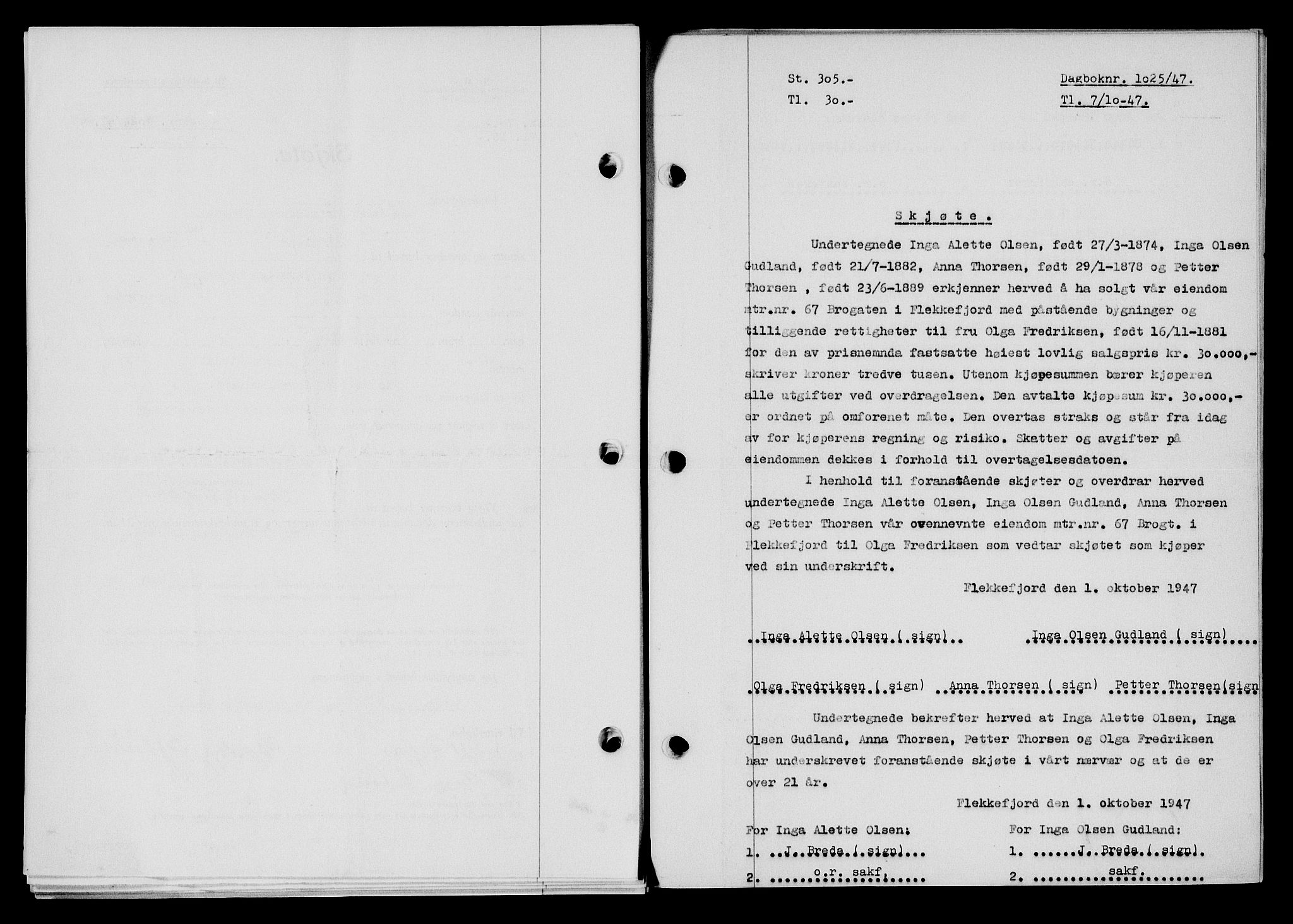 Flekkefjord sorenskriveri, SAK/1221-0001/G/Gb/Gba/L0062: Mortgage book no. A-10, 1947-1947, Diary no: : 1025/1947