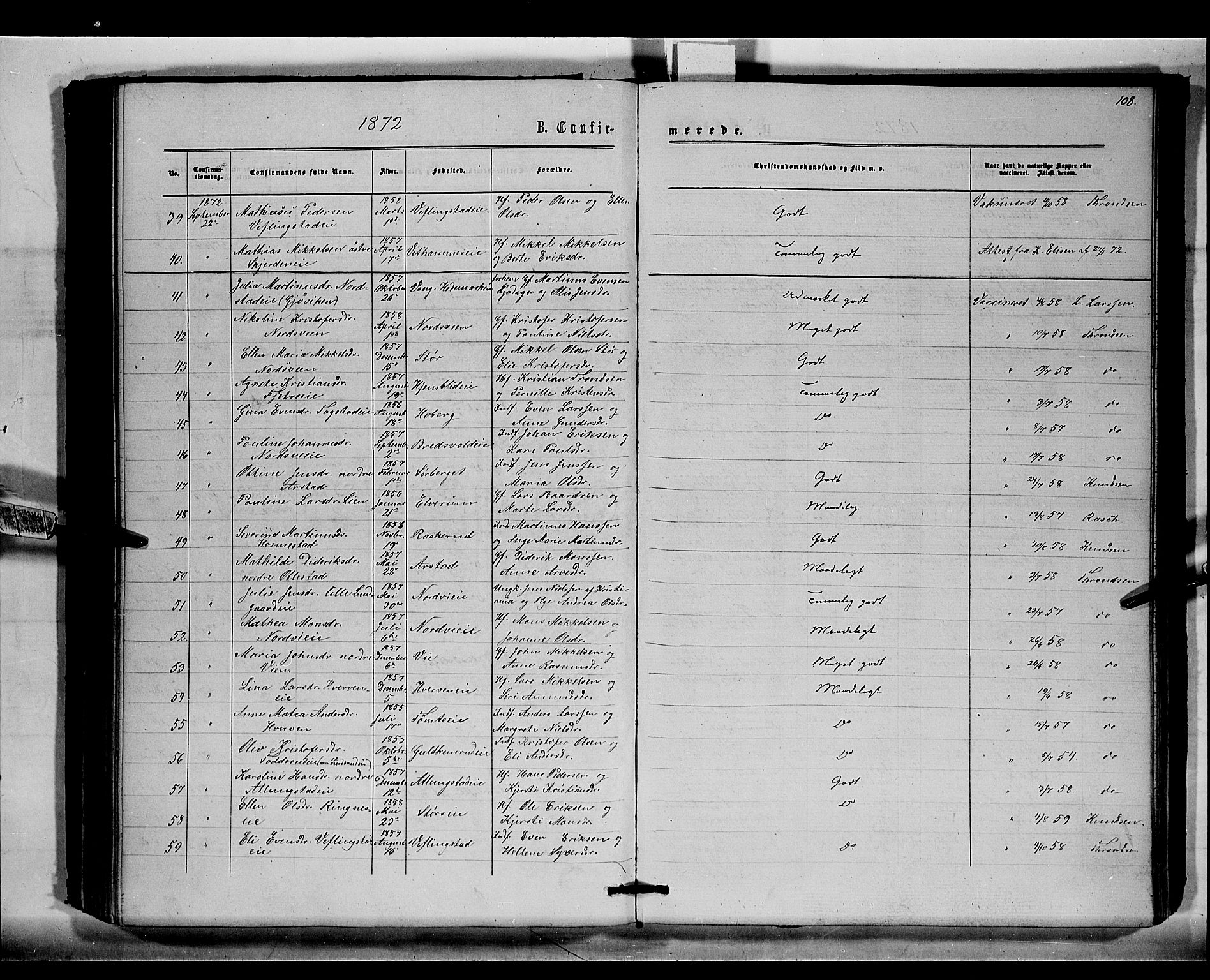 Stange prestekontor, AV/SAH-PREST-002/K/L0015: Parish register (official) no. 15, 1862-1879, p. 108