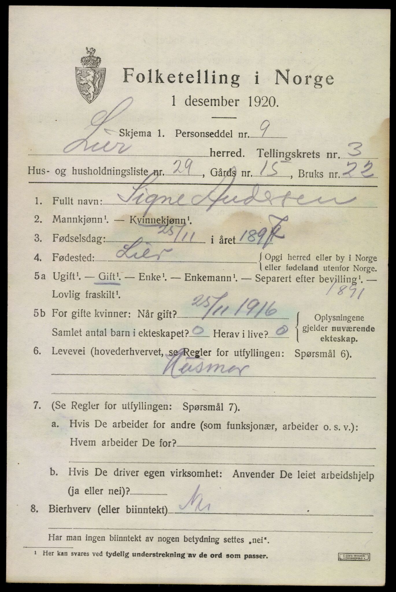 SAKO, 1920 census for Lier, 1920, p. 6434