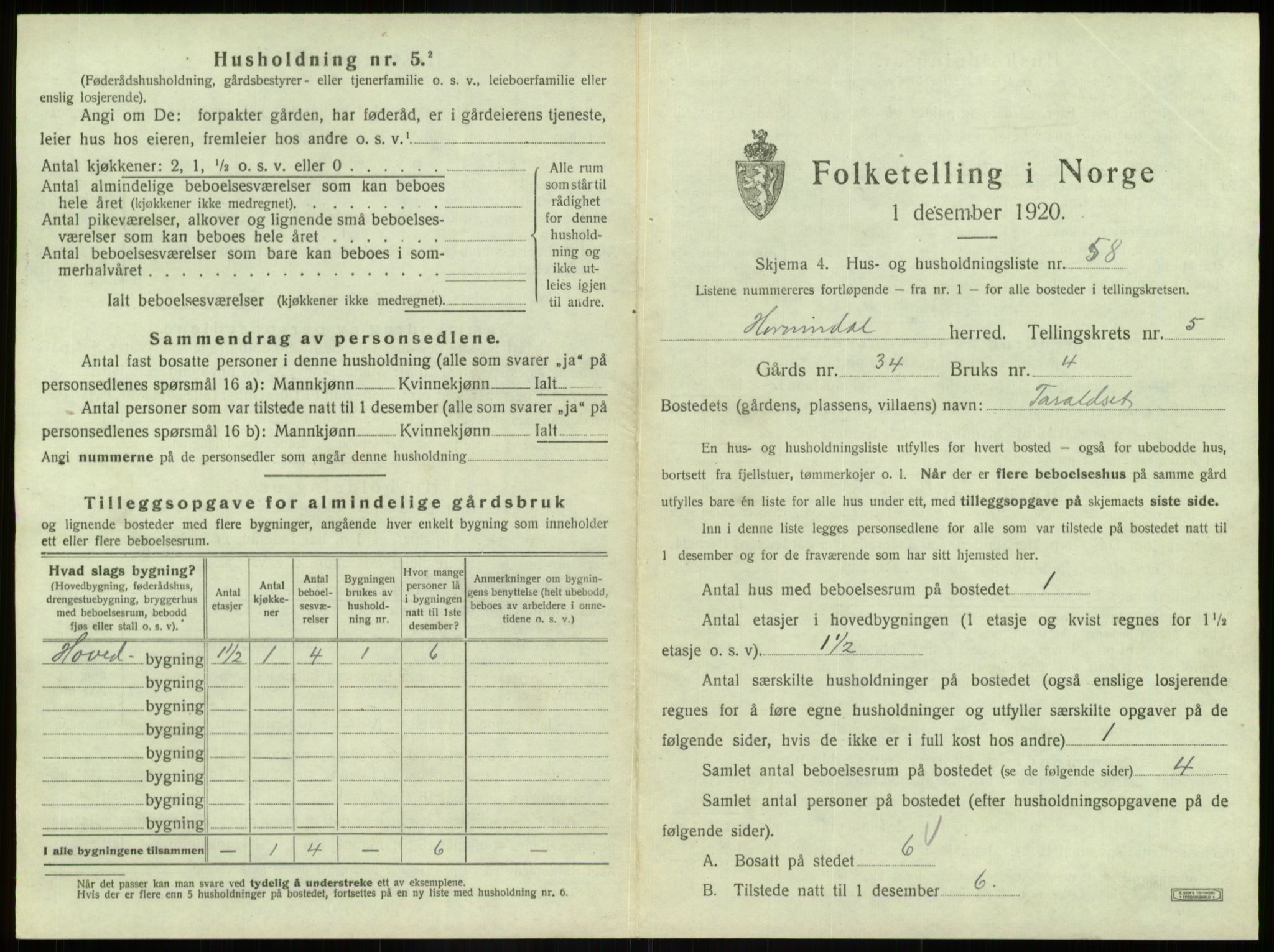 SAB, 1920 census for Hornindal, 1920, p. 421