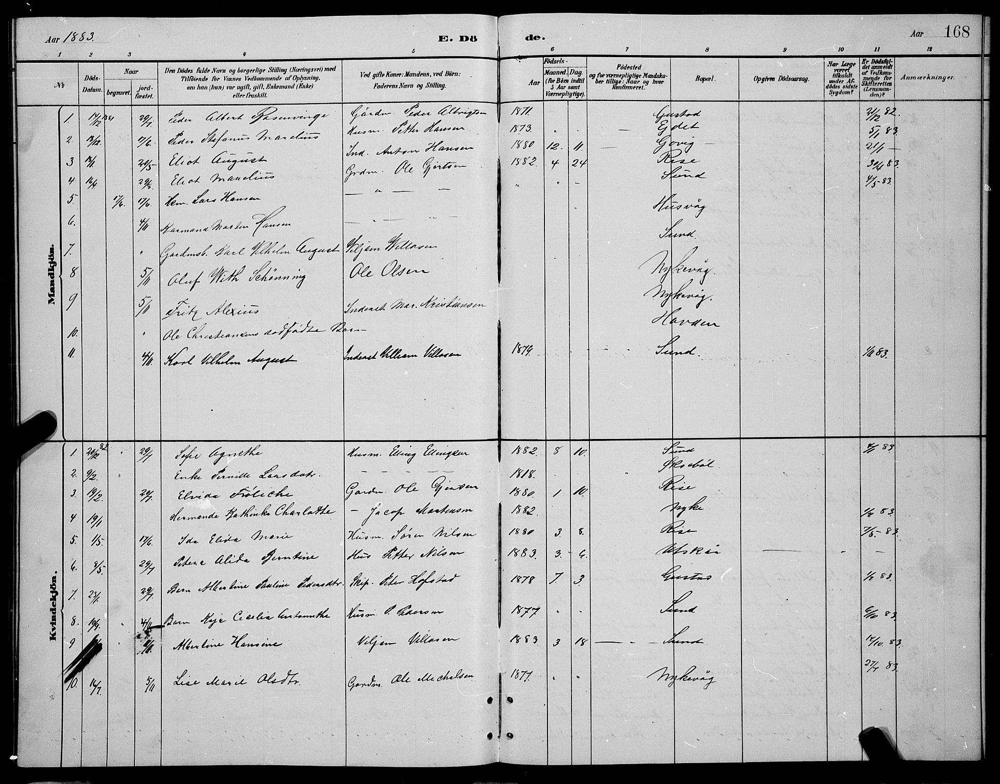 Ministerialprotokoller, klokkerbøker og fødselsregistre - Nordland, SAT/A-1459/892/L1325: Parish register (copy) no. 892C02, 1878-1896, p. 168