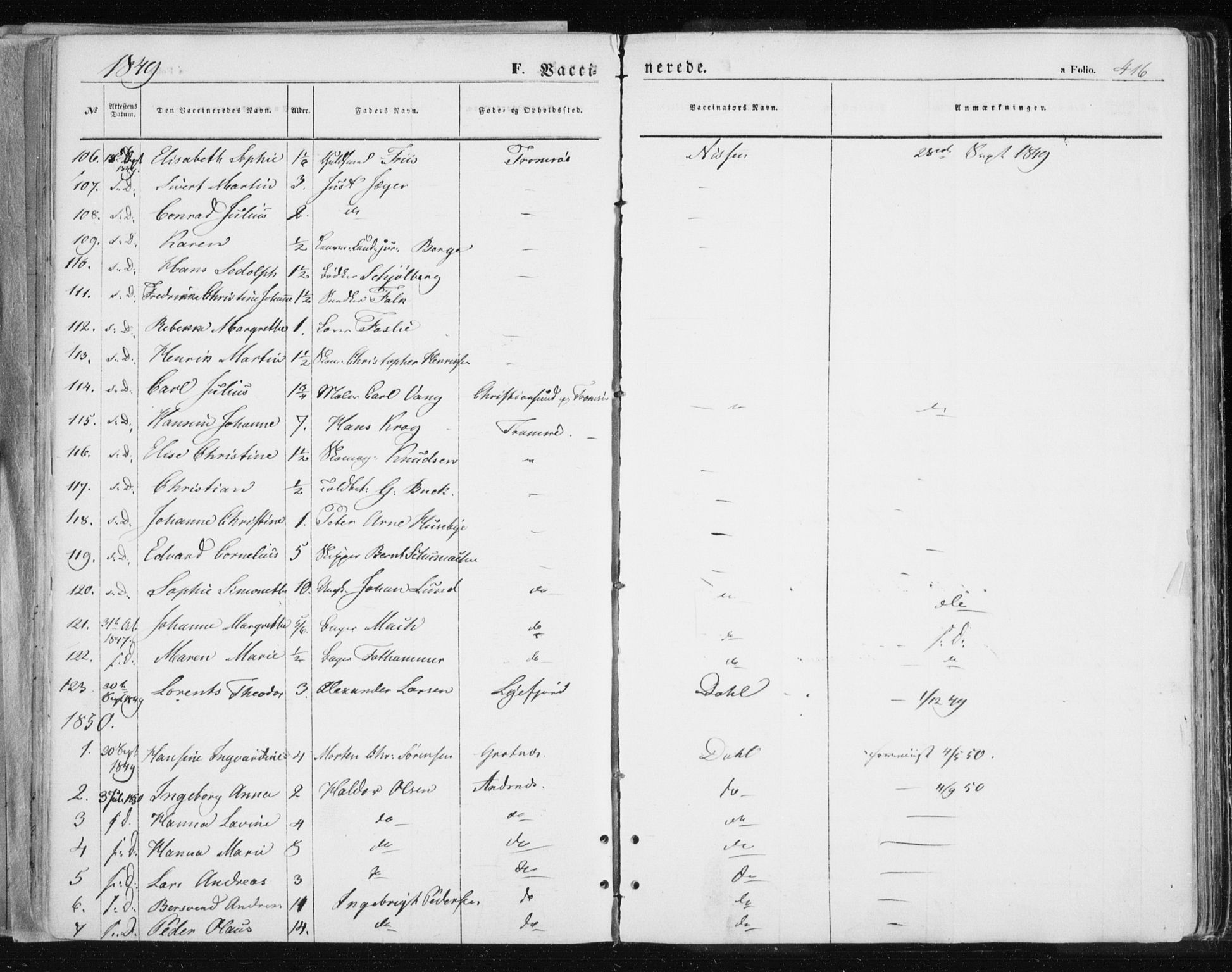 Tromsø sokneprestkontor/stiftsprosti/domprosti, SATØ/S-1343/G/Ga/L0010kirke: Parish register (official) no. 10, 1848-1855, p. 416