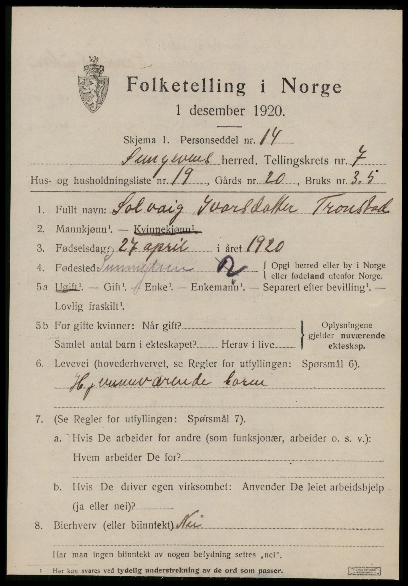 SAT, 1920 census for Sunnylven, 1920, p. 2772