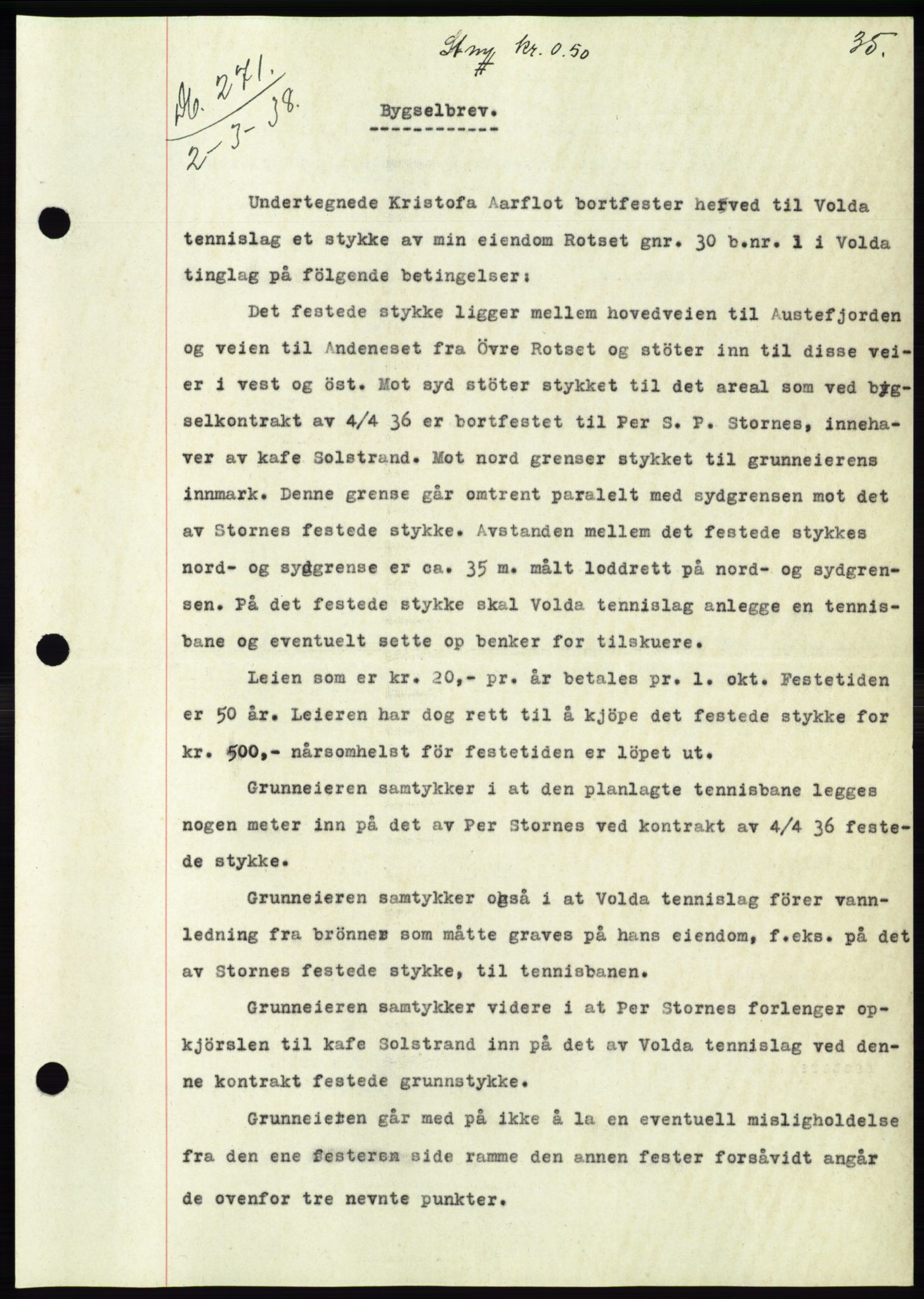 Søre Sunnmøre sorenskriveri, AV/SAT-A-4122/1/2/2C/L0065: Mortgage book no. 59, 1938-1938, Diary no: : 271/1938