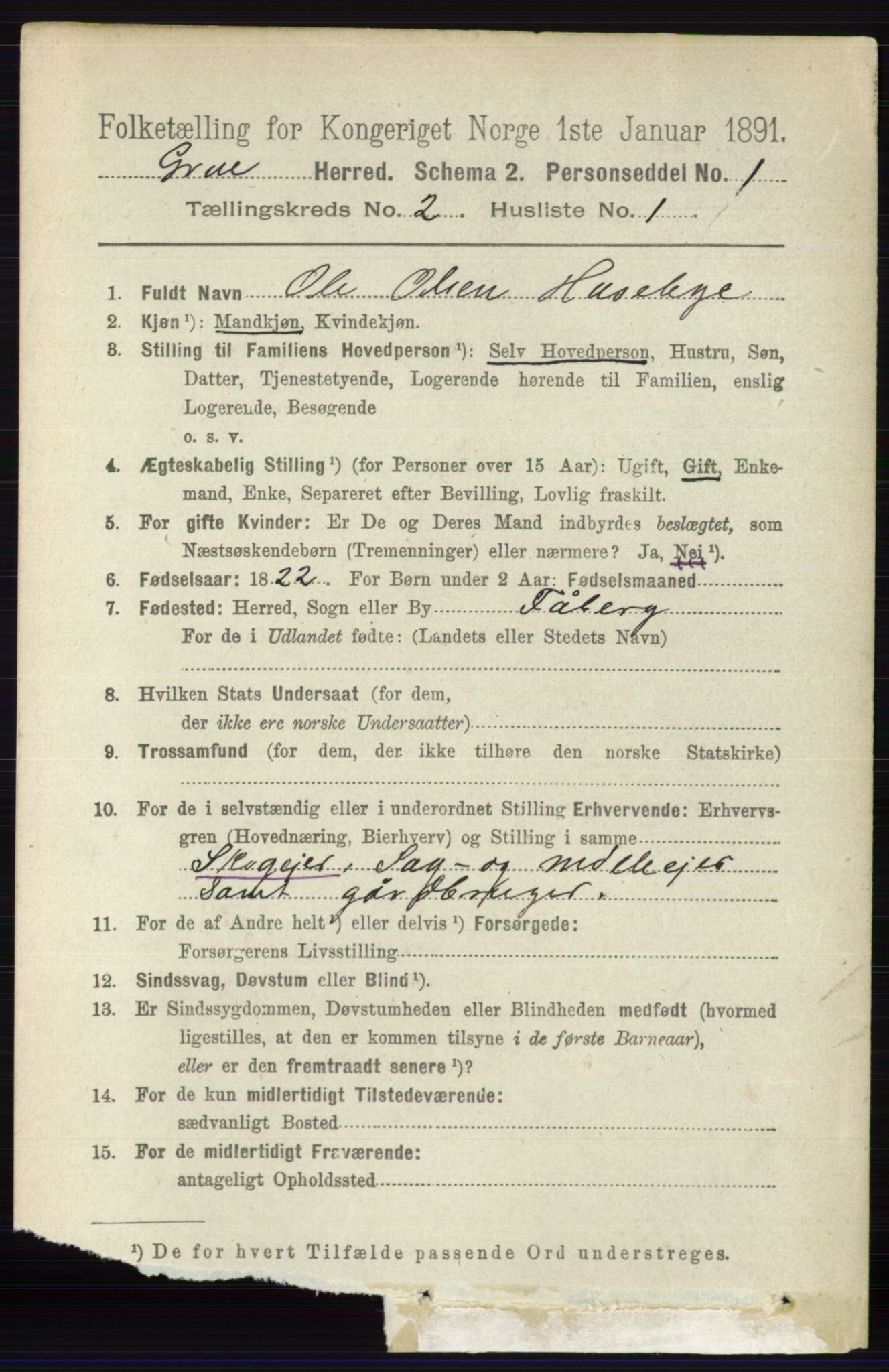 RA, 1891 census for 0423 Grue, 1891, p. 1072