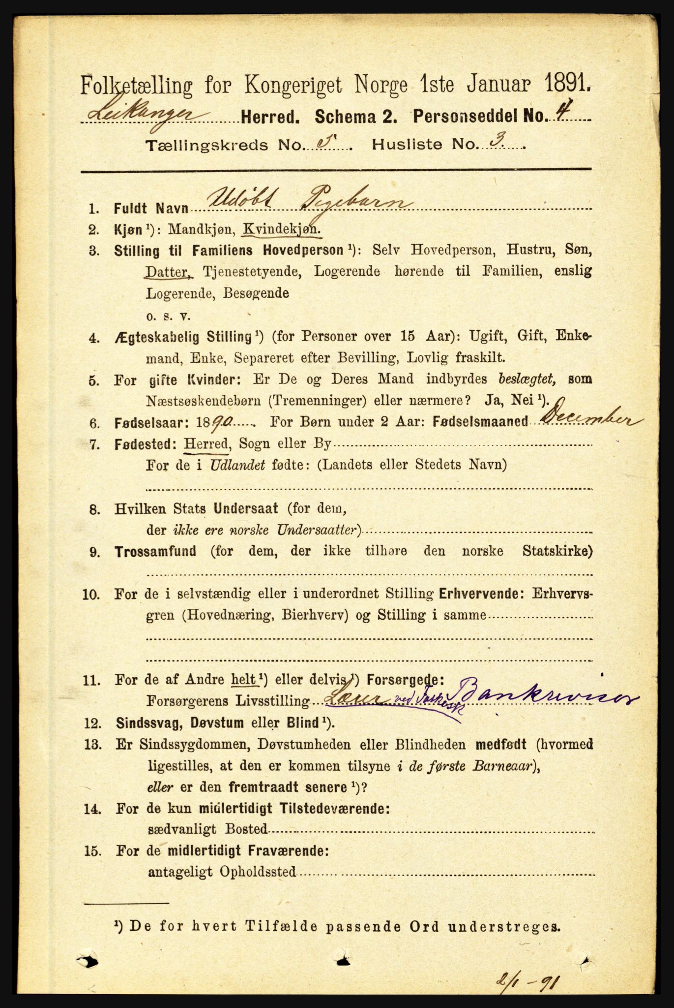 RA, 1891 census for 1419 Leikanger, 1891, p. 884