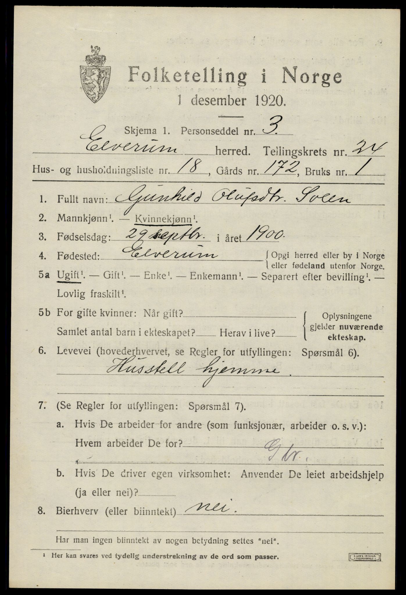 SAH, 1920 census for Elverum, 1920, p. 25718